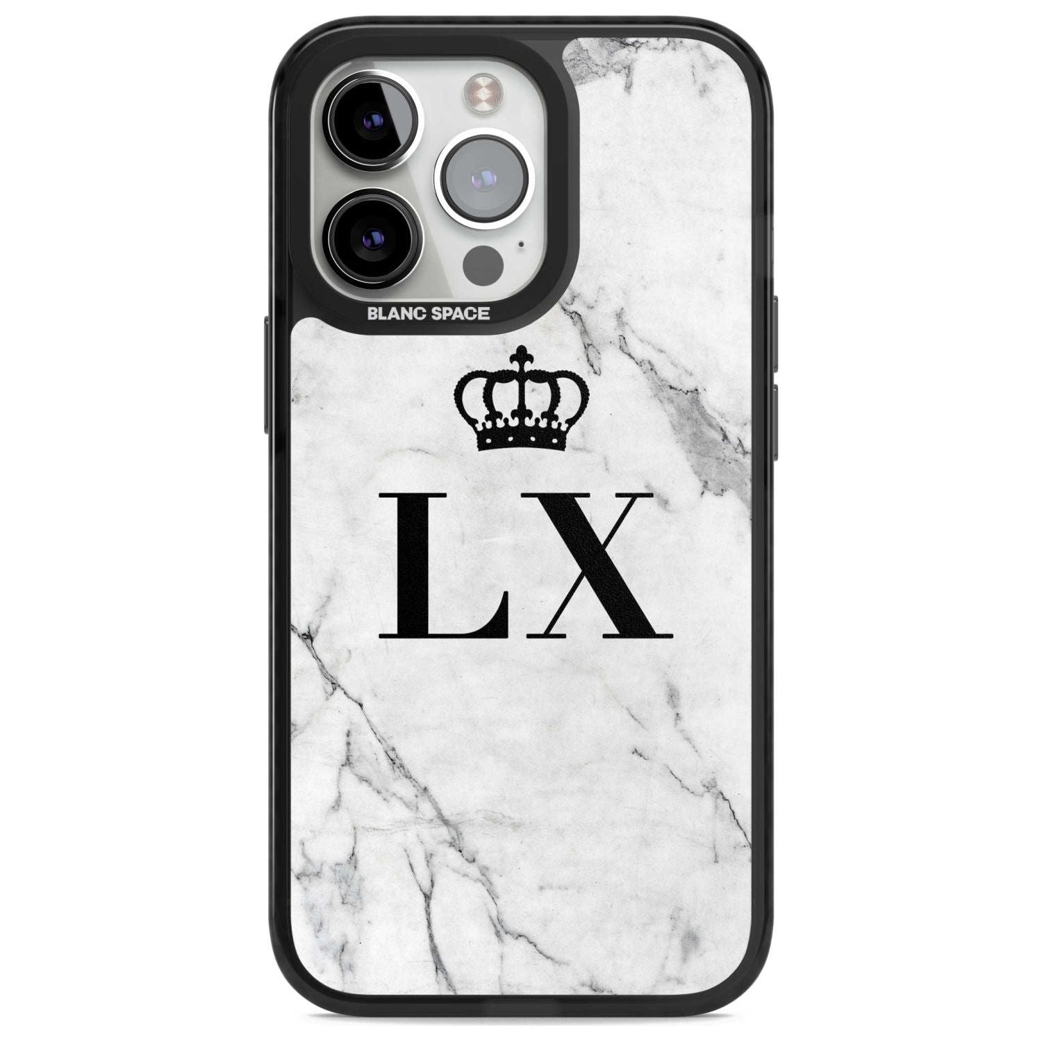 Personalised Initials with Crown on White Marble Custom Phone Case iPhone 15 Pro Max / Magsafe Black Impact Case,iPhone 15 Pro / Magsafe Black Impact Case,iPhone 14 Pro Max / Magsafe Black Impact Case,iPhone 14 Pro / Magsafe Black Impact Case,iPhone 13 Pro / Magsafe Black Impact Case Blanc Space