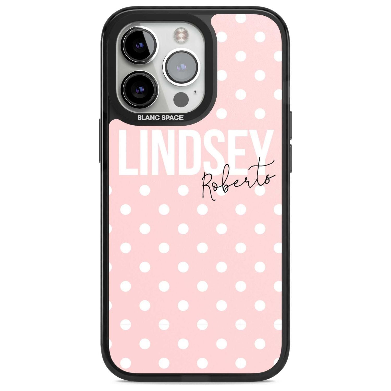Personalised Pink Polka Custom Phone Case iPhone 15 Pro Max / Magsafe Black Impact Case,iPhone 15 Pro / Magsafe Black Impact Case,iPhone 14 Pro Max / Magsafe Black Impact Case,iPhone 14 Pro / Magsafe Black Impact Case,iPhone 13 Pro / Magsafe Black Impact Case Blanc Space