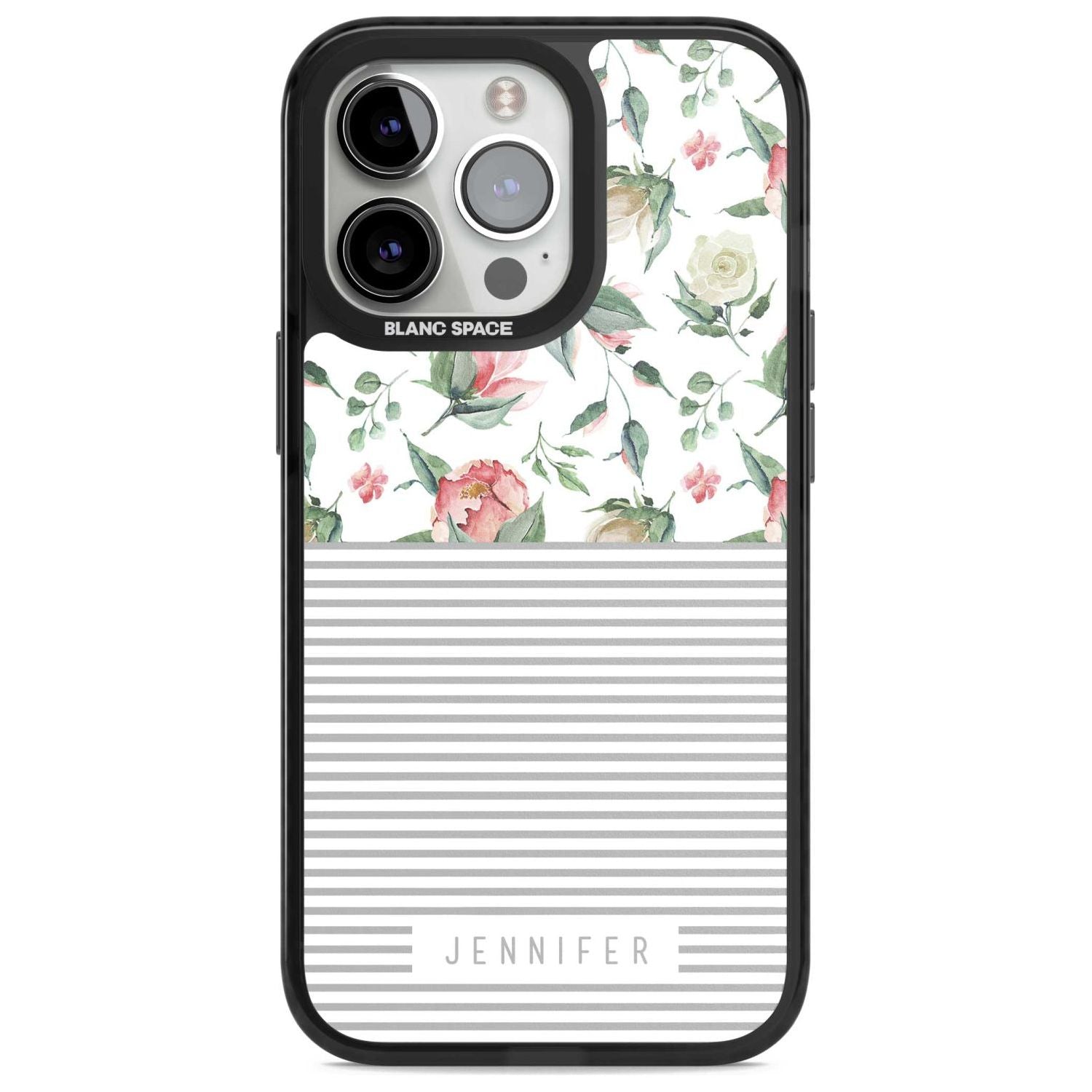Personalised Light Floral Pattern & Stripes Custom Phone Case iPhone 15 Pro Max / Magsafe Black Impact Case,iPhone 15 Pro / Magsafe Black Impact Case,iPhone 14 Pro Max / Magsafe Black Impact Case,iPhone 14 Pro / Magsafe Black Impact Case,iPhone 13 Pro / Magsafe Black Impact Case Blanc Space