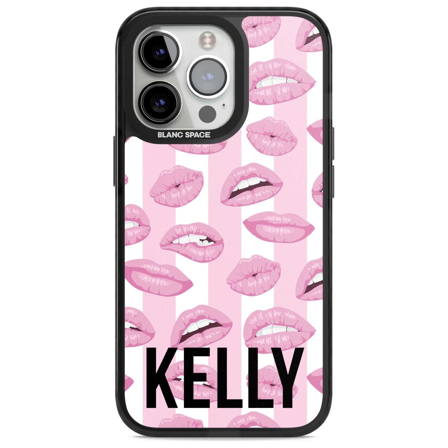 Personalised Pink Stripes & Lips Custom Phone Case iPhone 15 Pro Max / Magsafe Black Impact Case,iPhone 15 Pro / Magsafe Black Impact Case,iPhone 14 Pro Max / Magsafe Black Impact Case,iPhone 14 Pro / Magsafe Black Impact Case,iPhone 13 Pro / Magsafe Black Impact Case Blanc Space