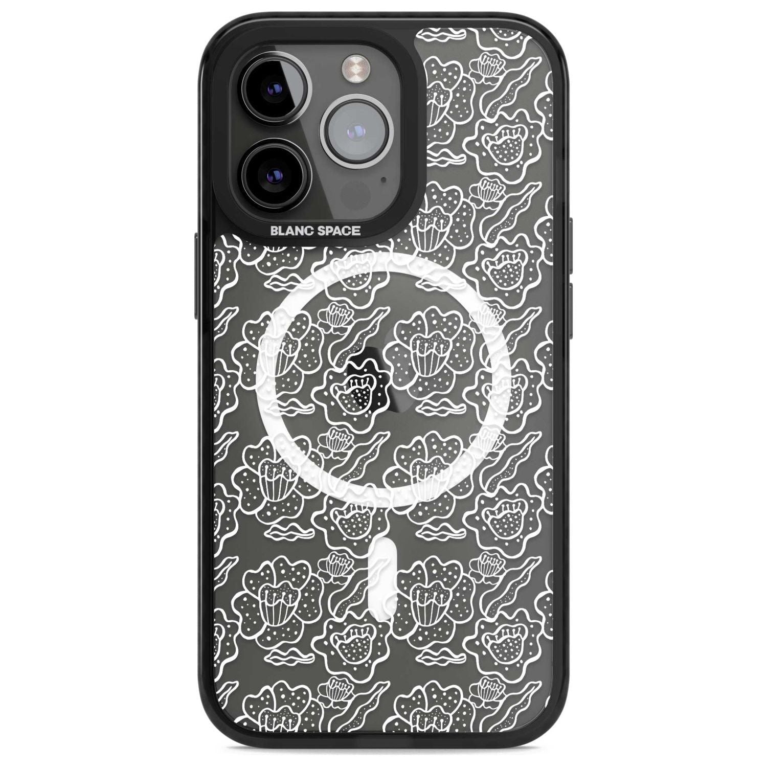 Funky Floral Patterns White on Clear Phone Case iPhone 15 Pro Max / Magsafe Black Impact Case,iPhone 15 Pro / Magsafe Black Impact Case,iPhone 14 Pro Max / Magsafe Black Impact Case,iPhone 14 Pro / Magsafe Black Impact Case,iPhone 13 Pro / Magsafe Black Impact Case Blanc Space