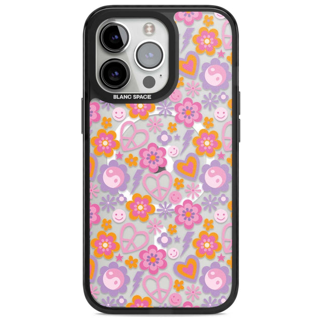 Peace, Love and Flowers Pattern Phone Case iPhone 15 Pro Max / Magsafe Black Impact Case,iPhone 15 Pro / Magsafe Black Impact Case,iPhone 14 Pro Max / Magsafe Black Impact Case,iPhone 14 Pro / Magsafe Black Impact Case,iPhone 13 Pro / Magsafe Black Impact Case Blanc Space