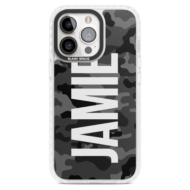 Personalised Vertical Name Black Camouflage Custom Phone Case iPhone 15 Pro Max / Magsafe Impact Case,iPhone 15 Pro / Magsafe Impact Case Blanc Space
