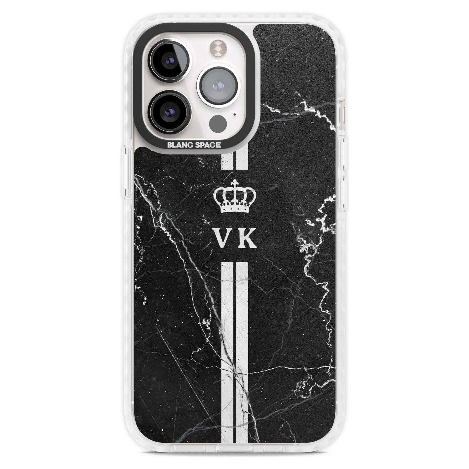 Personalised Stripes + Initials with Crown on Black Marble Custom Phone Case iPhone 15 Pro Max / Magsafe Impact Case,iPhone 15 Pro / Magsafe Impact Case Blanc Space