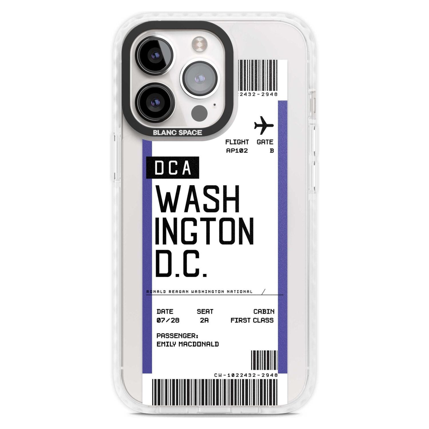 Personalised Washington D.C. Boarding Pass Custom Phone Case iPhone 15 Pro Max / Magsafe Impact Case,iPhone 15 Pro / Magsafe Impact Case Blanc Space