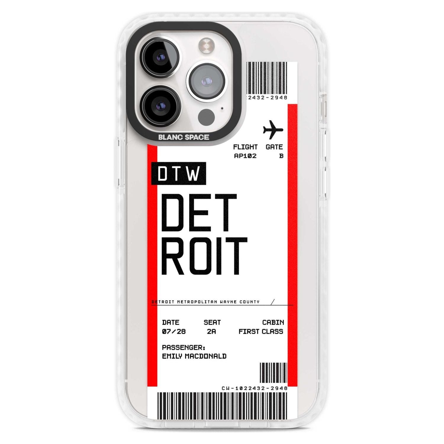 Personalised Detroit Boarding Pass Custom Phone Case iPhone 15 Pro Max / Magsafe Impact Case,iPhone 15 Pro / Magsafe Impact Case Blanc Space
