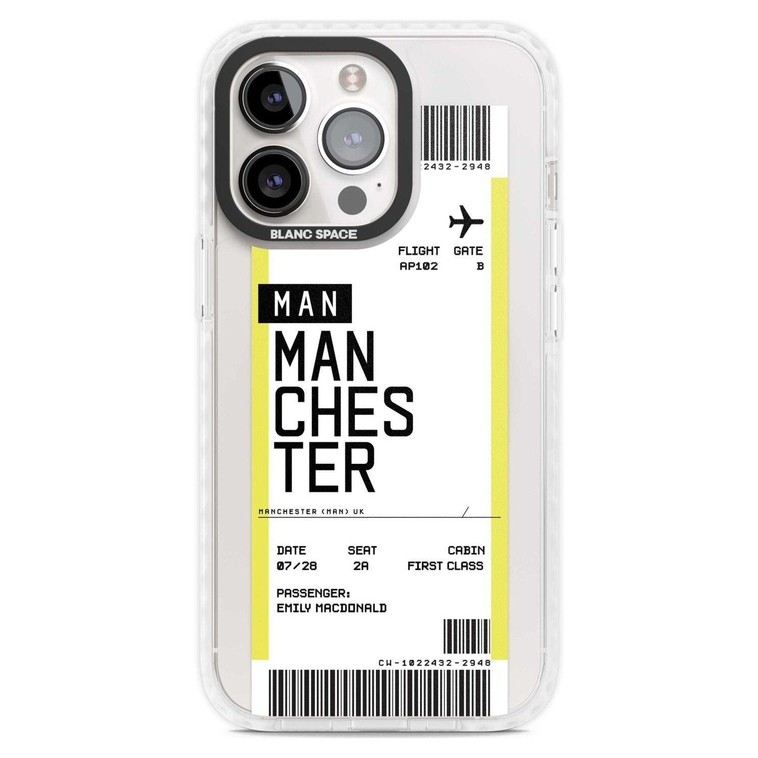 Personalised Manchester Boarding Pass Custom Phone Case iPhone 15 Pro Max / Magsafe Impact Case,iPhone 15 Pro / Magsafe Impact Case Blanc Space