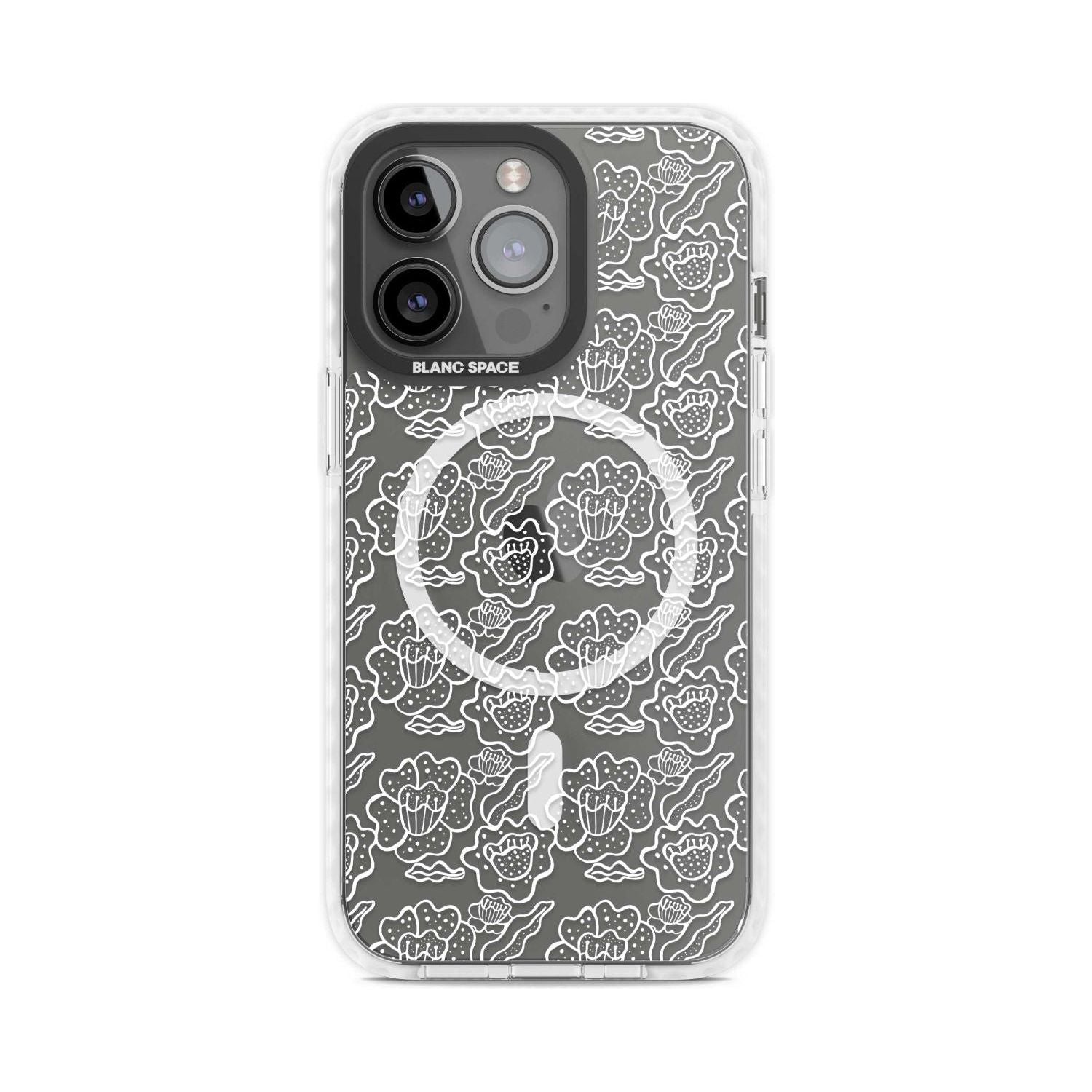 Funky Floral Patterns White on Clear Phone Case iPhone 15 Pro Max / Magsafe Impact Case,iPhone 15 Pro / Magsafe Impact Case Blanc Space