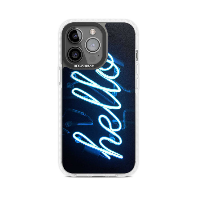 "Hello" Blue Cursive Neon Sign Phone Case iPhone 15 Pro Max / Magsafe Impact Case,iPhone 15 Pro / Magsafe Impact Case Blanc Space