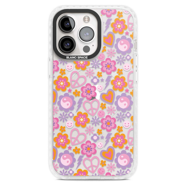 Peace, Love and Flowers Pattern Phone Case iPhone 15 Pro Max / Magsafe Impact Case,iPhone 15 Pro / Magsafe Impact Case Blanc Space