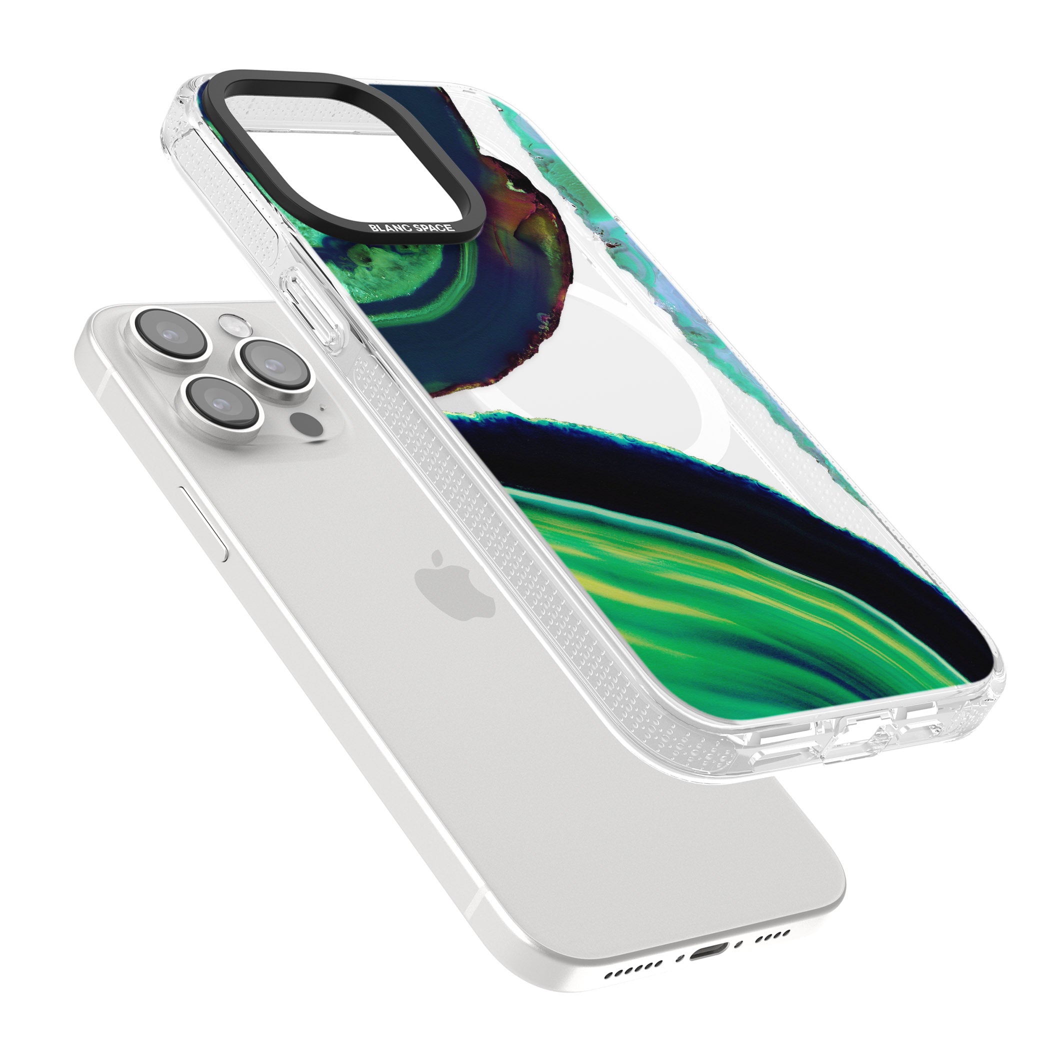 Green & Navy Gemstone Crystal Clear Design iPhone 15 Pro Max / 15 Pro / 14 Pro Max / 14 Pro / 13 Pro Clear Case Impact Air - Blanc Space