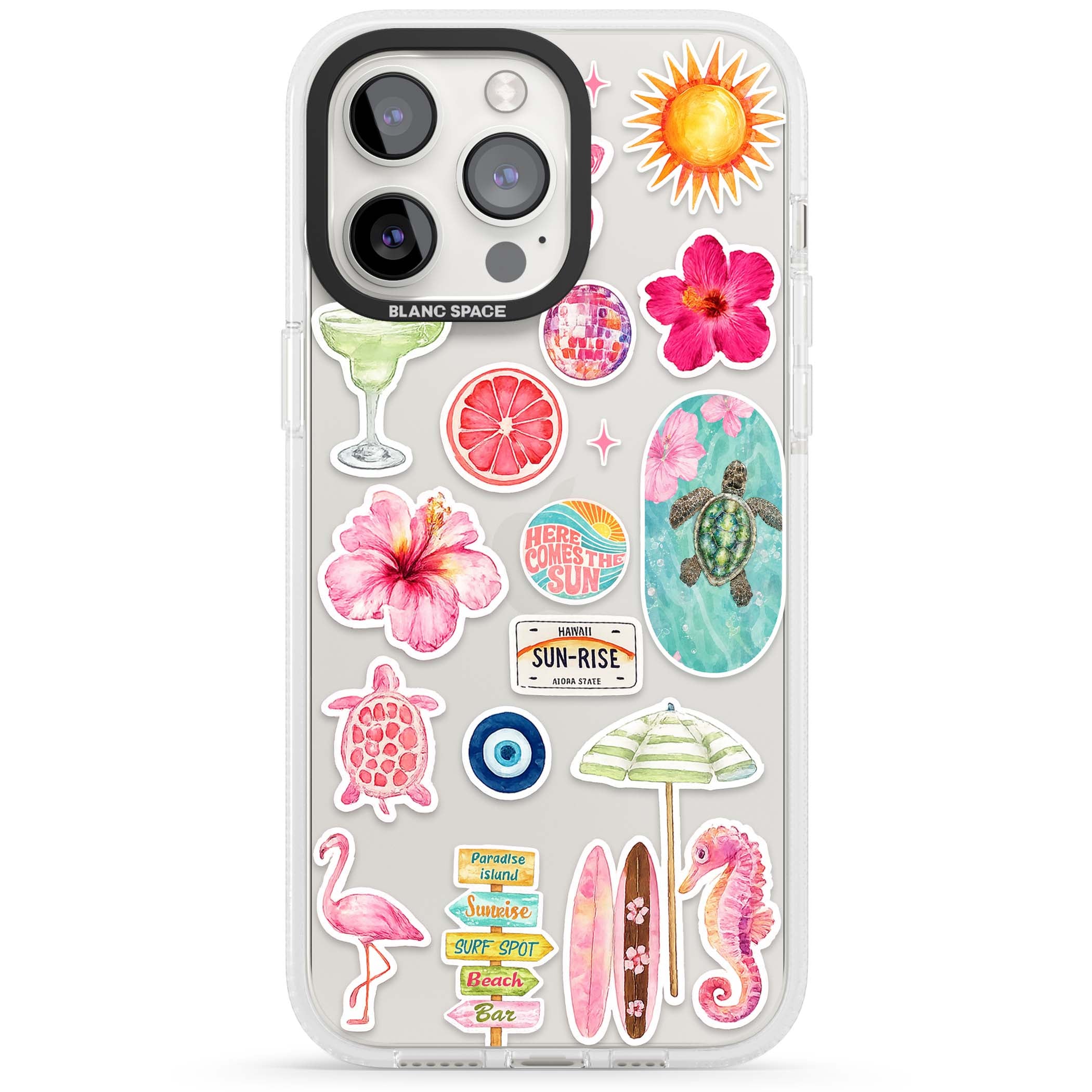 Aloha Sticker Mix tropical summer iPhone case featuring pink hibiscus, sea turtles, flamingo and beach umbrella stickers | Clear Case Impact Air case for iPhone 15 Pro, iPhone 15 Pro Max