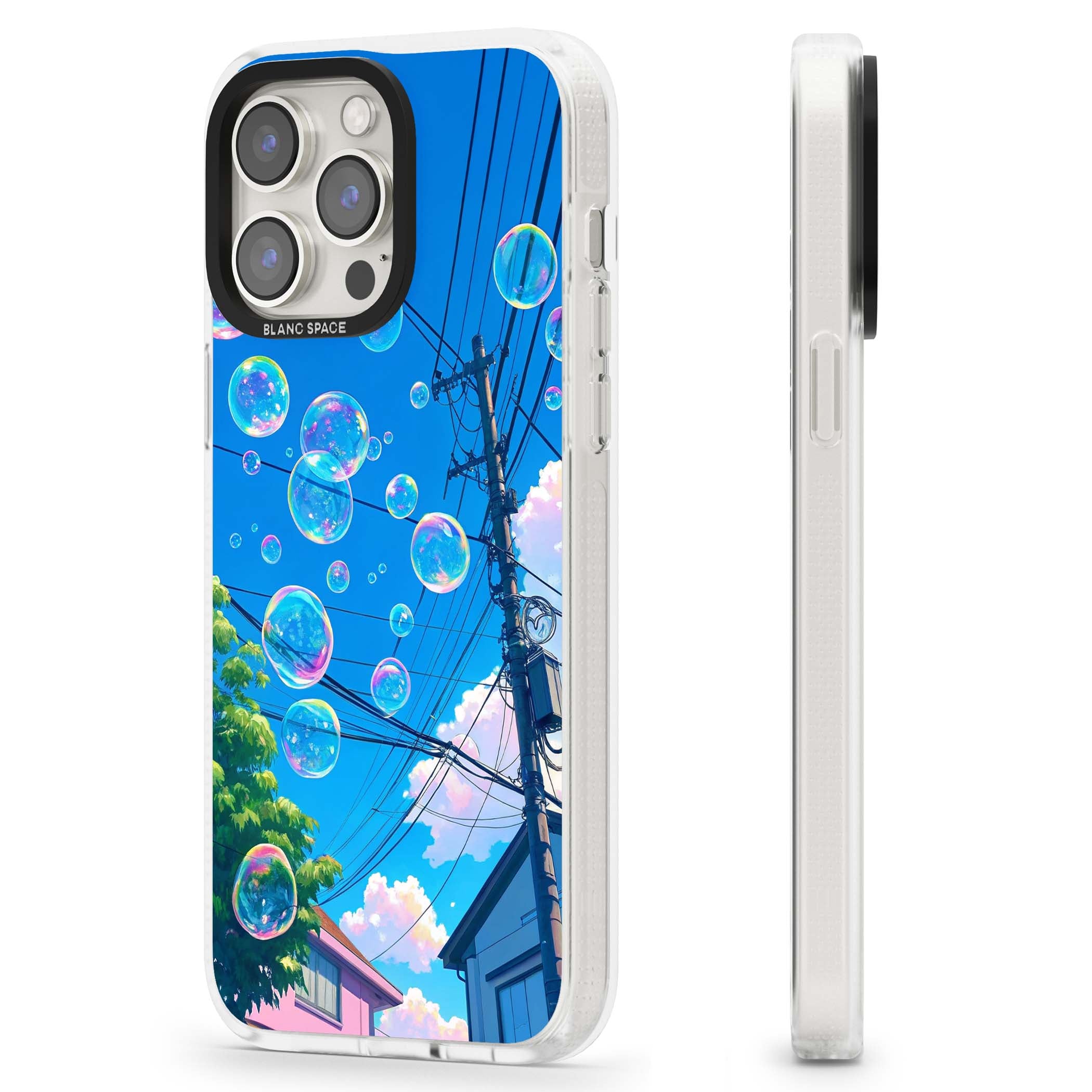 Suburban Bubbles anime iPhone case featuring iridescent soap bubbles, blue sky and Japanese telephone wires | Clear Case Impact Air case for iPhone 15 Pro, iPhone 15 Pro Max