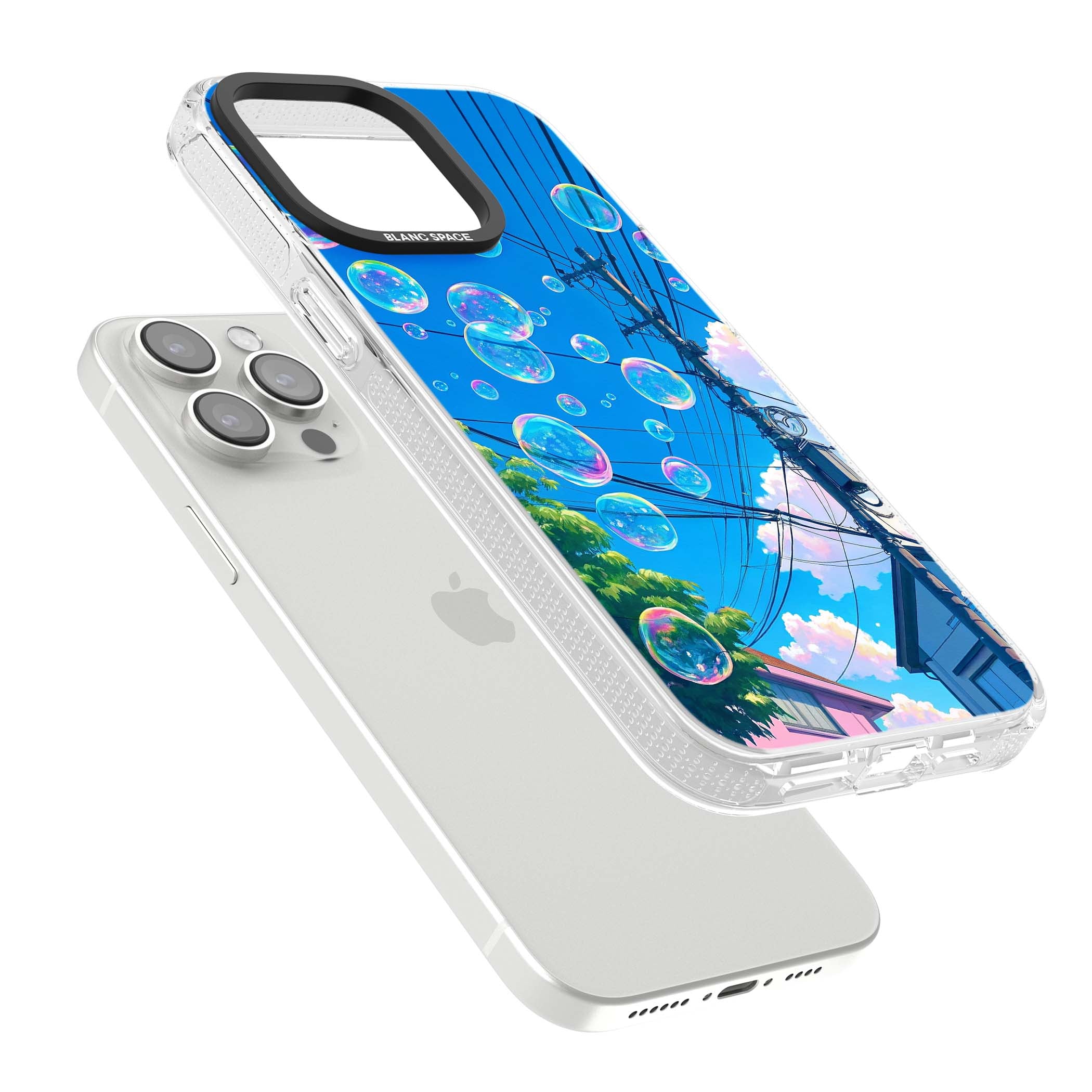 Suburban Bubbles anime iPhone case featuring iridescent soap bubbles, blue sky and Japanese telephone wires | Clear Case Impact Air case for iPhone 15 Pro, iPhone 15 Pro Max