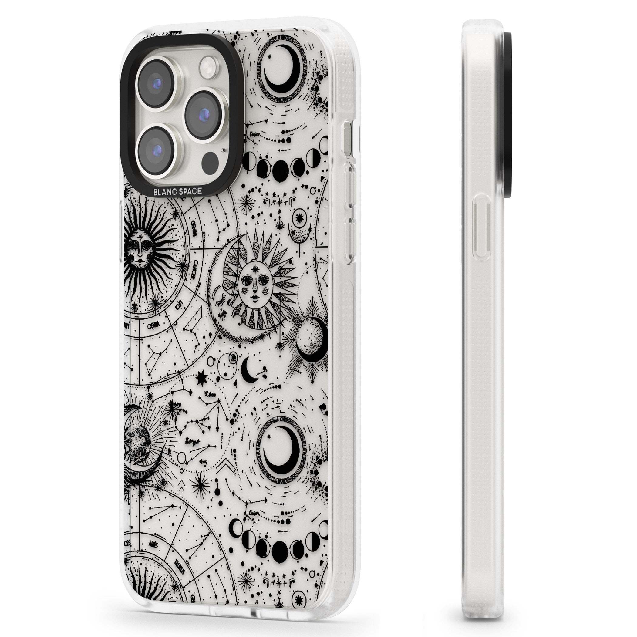 Suns, Moons, Zodiac Signs Astrological iPhone 15 Pro Max / 15 Pro / 14 Pro Max / 14 Pro / 13 Pro Clear Case Impact Air - Blanc Space