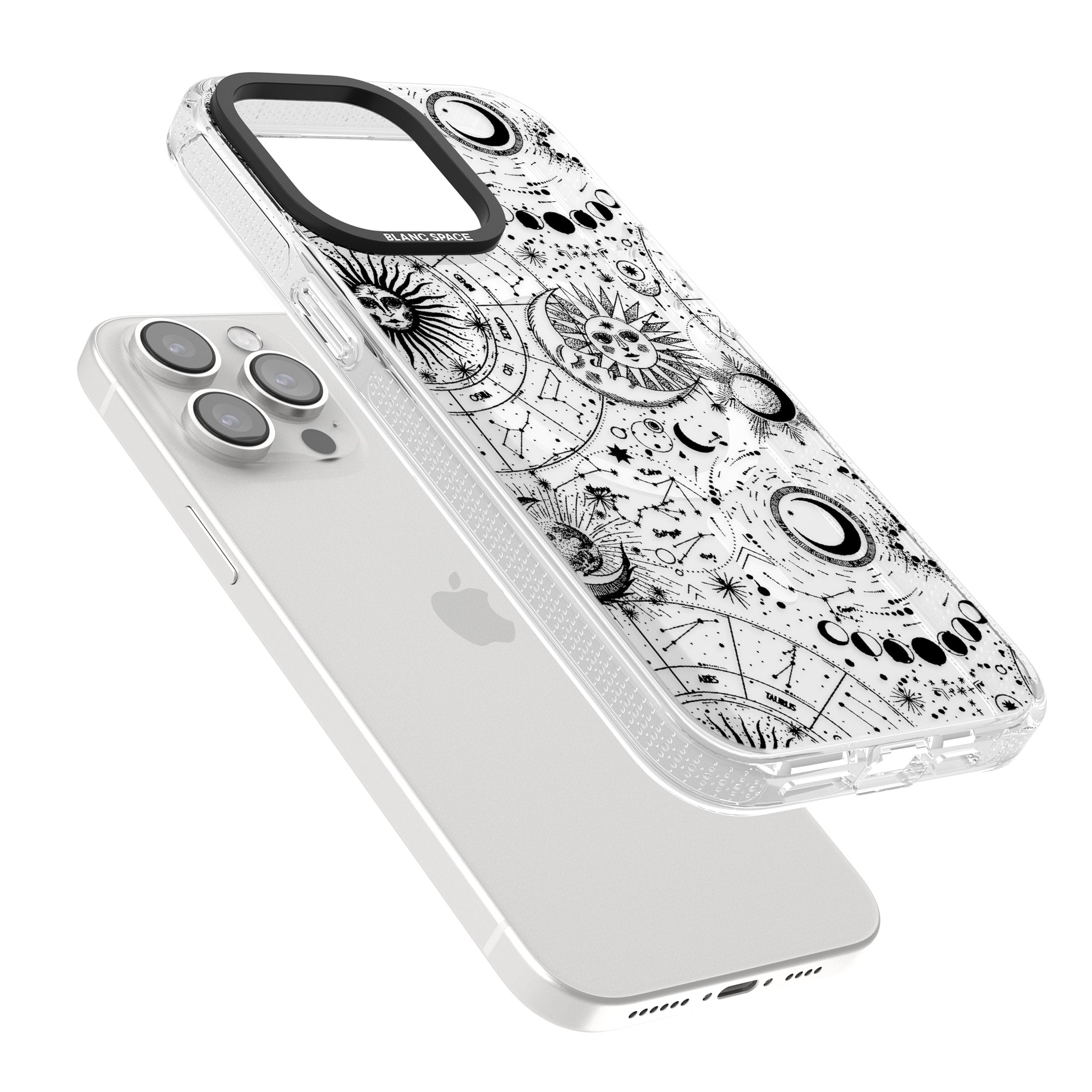 Suns, Moons, Zodiac Signs Astrological iPhone 15 Pro Max / 15 Pro / 14 Pro Max / 14 Pro / 13 Pro Clear Case Impact Air - Blanc Space