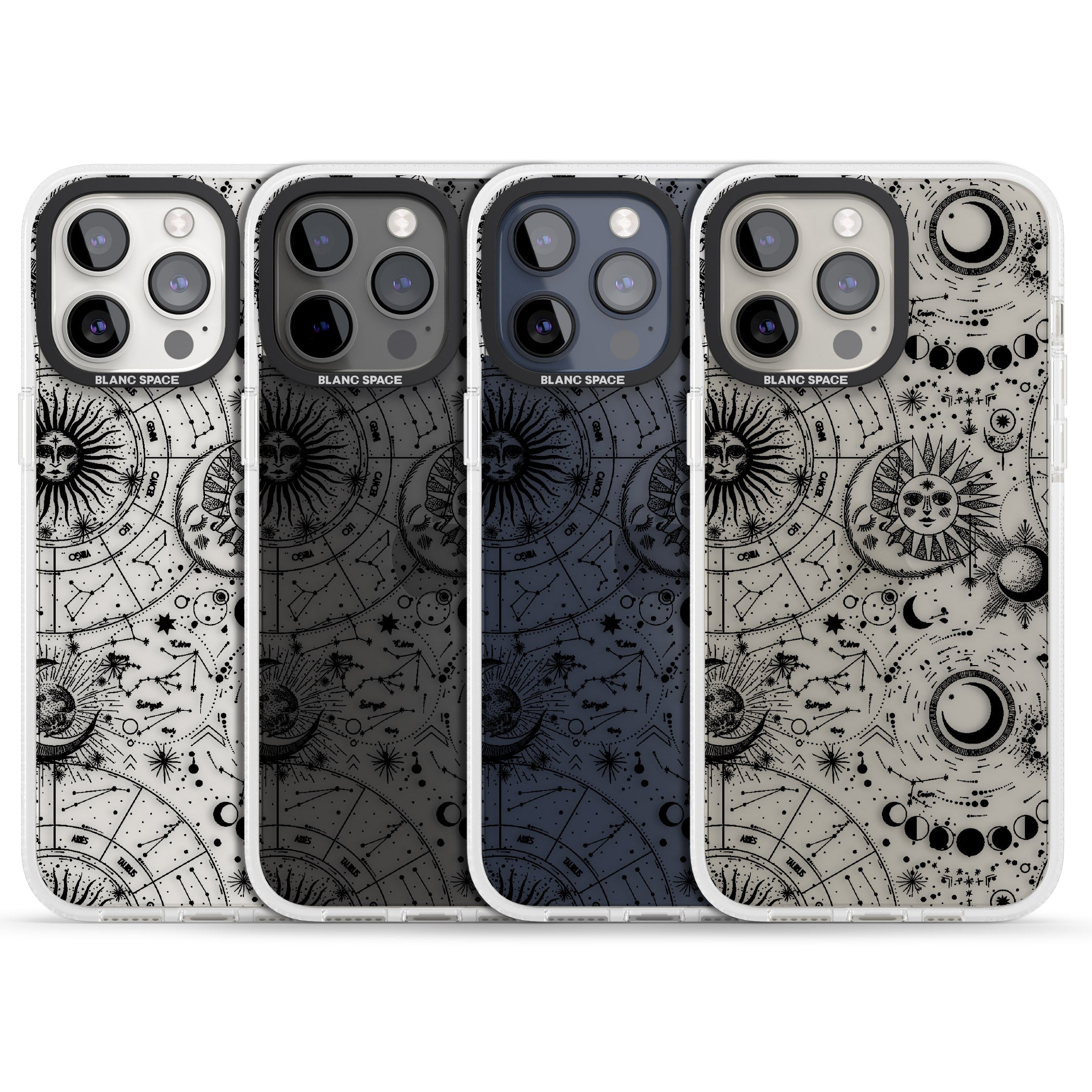 Suns, Moons, Zodiac Signs Astrological iPhone 15 Pro Max / 15 Pro / 14 Pro Max / 14 Pro / 13 Pro Clear Case Impact Air - Blanc Space