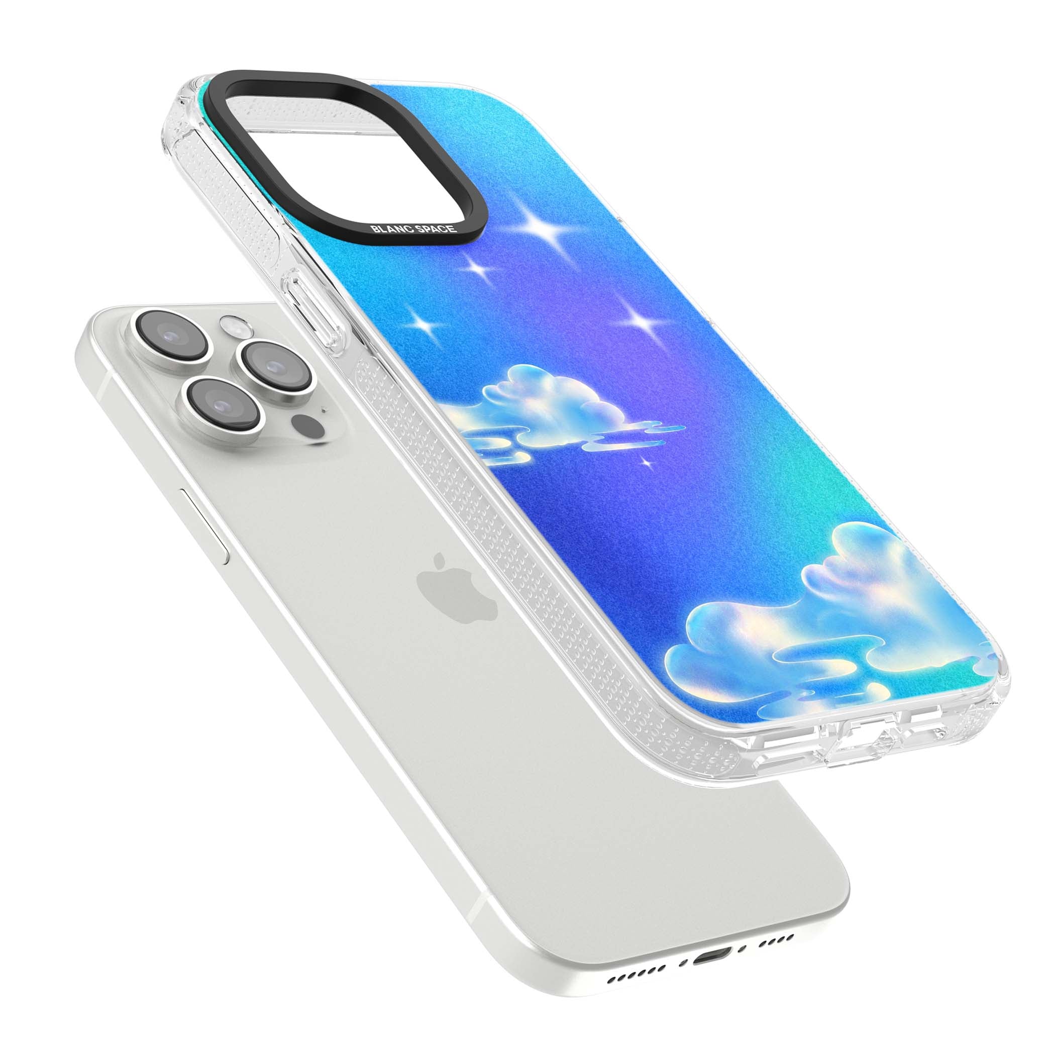 Aurora celestial iPhone case featuring dreamy iridescent clouds, sparkling stars and pastel blue purple sky | Clear Case Impact Air case for iPhone 15 Pro, iPhone 15 Pro Max
