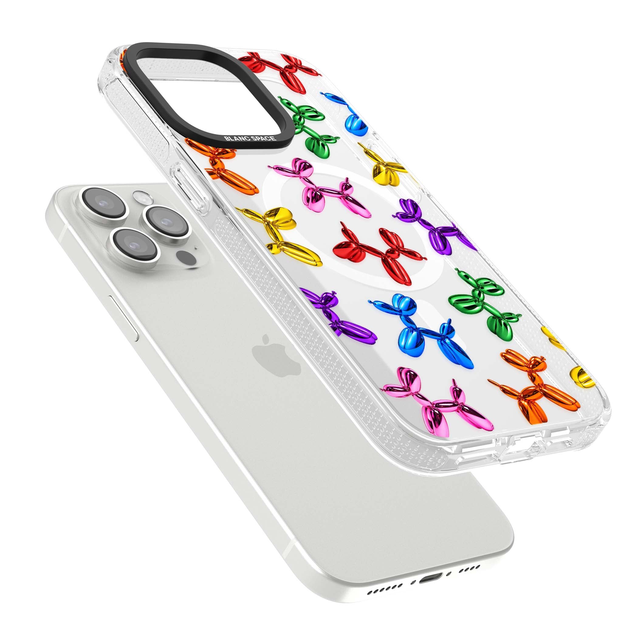 Balloon Dogs pop art iPhone case featuring rainbow chrome balloon dogs in Jeff Koons style | Clear Case Impact Air case for iPhone 15 Pro, iPhone 15 Pro Max