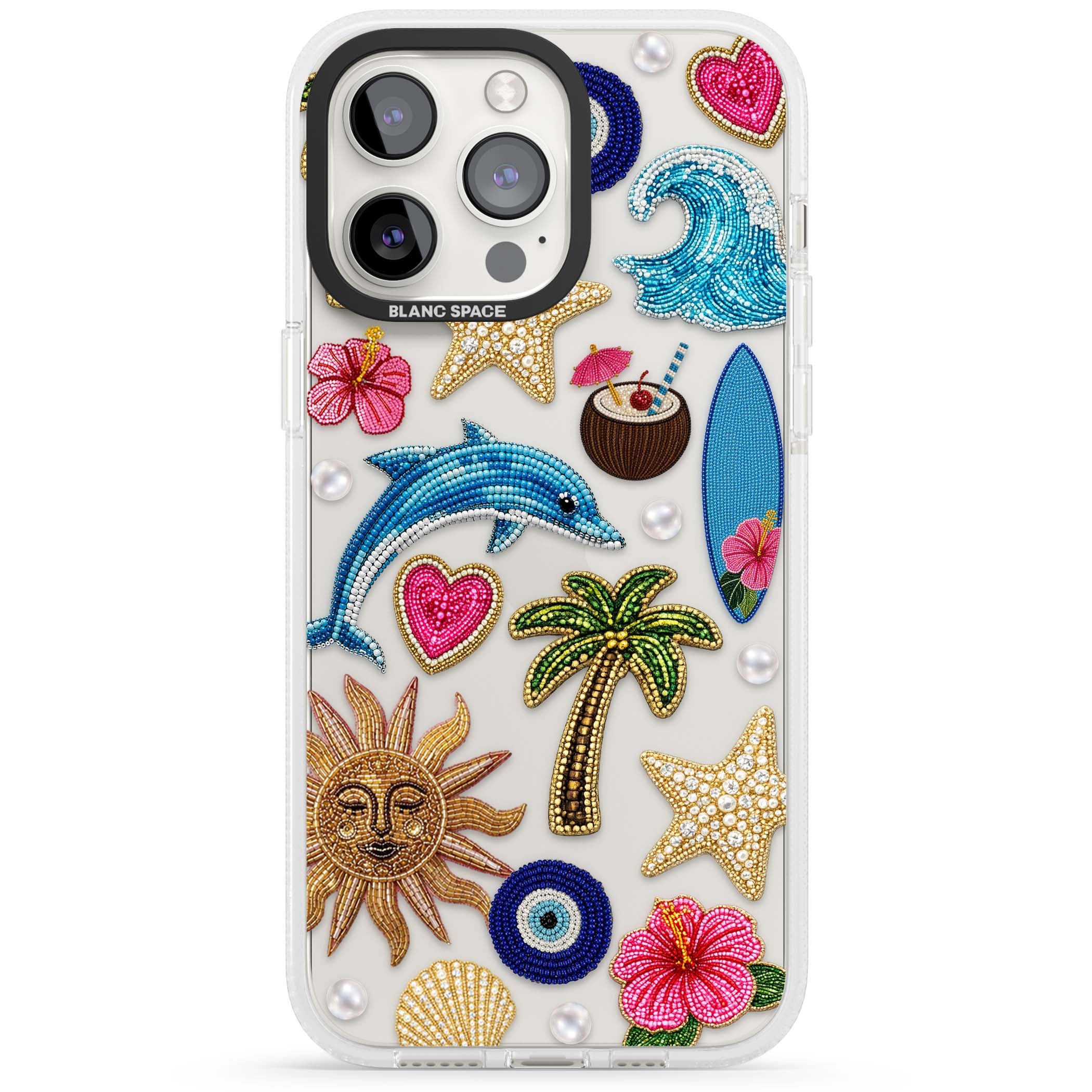 Beaded Beach coastal summer iPhone case featuring embroidered evil eye, hibiscus flowers, dolphin and palm tree patches | Clear Case Impact Air case for iPhone 15 Pro, iPhone 15 Pro Max