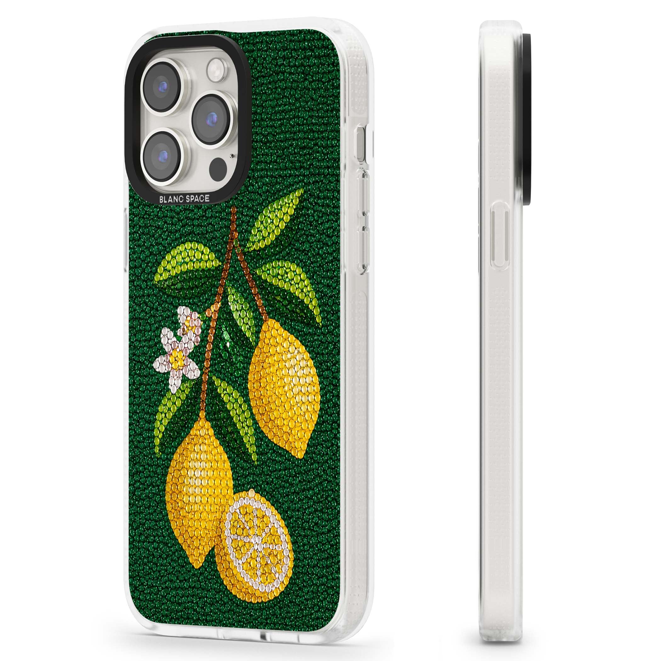 Beaded Lemons coastal iPhone case featuring crystal-beaded lemons, citrus blossom and green leaves on emerald ground | Clear Case Impact Air case for iPhone 15 Pro, iPhone 15 Pro Max