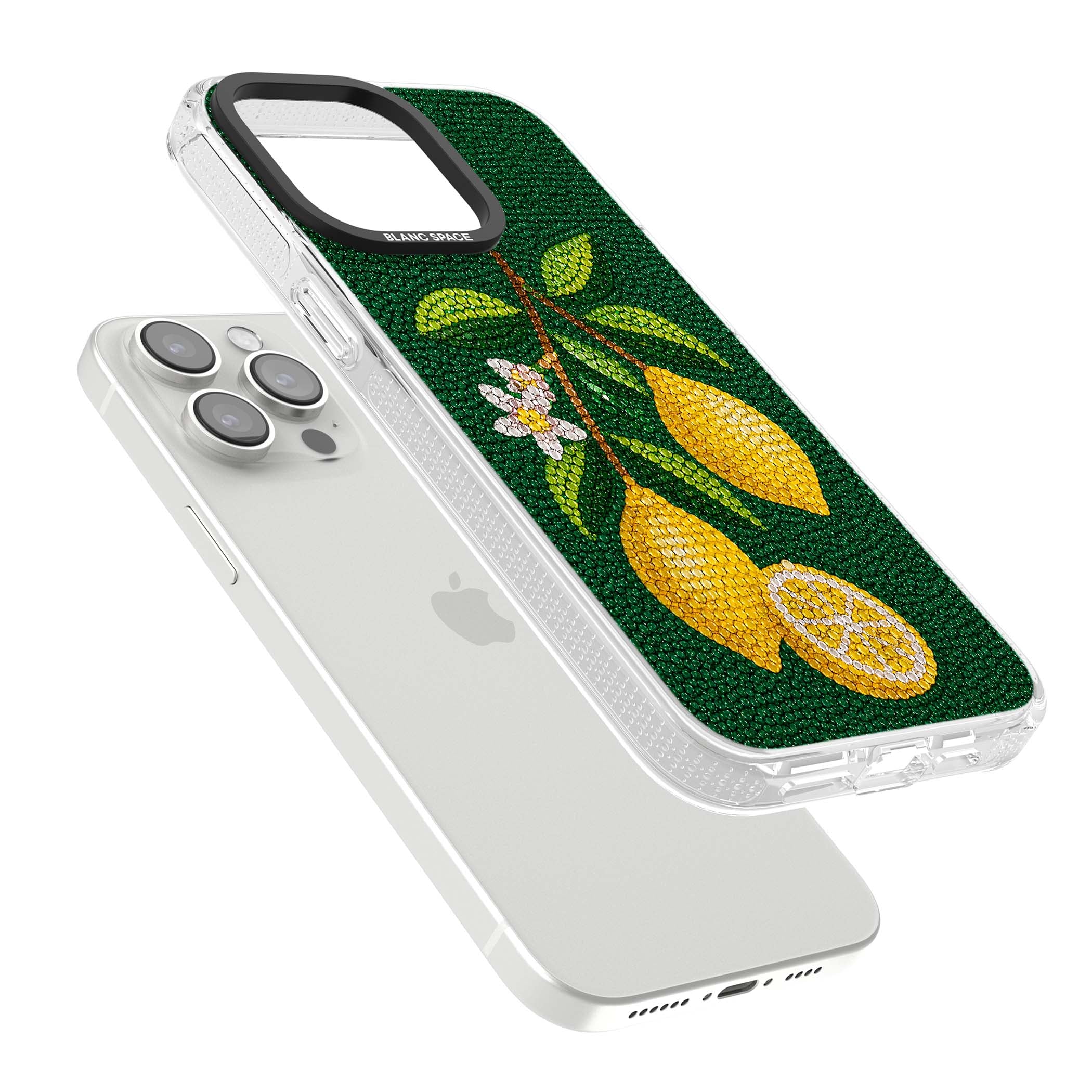 Beaded Lemons coastal iPhone case featuring crystal-beaded lemons, citrus blossom and green leaves on emerald ground | Clear Case Impact Air case for iPhone 15 Pro, iPhone 15 Pro Max