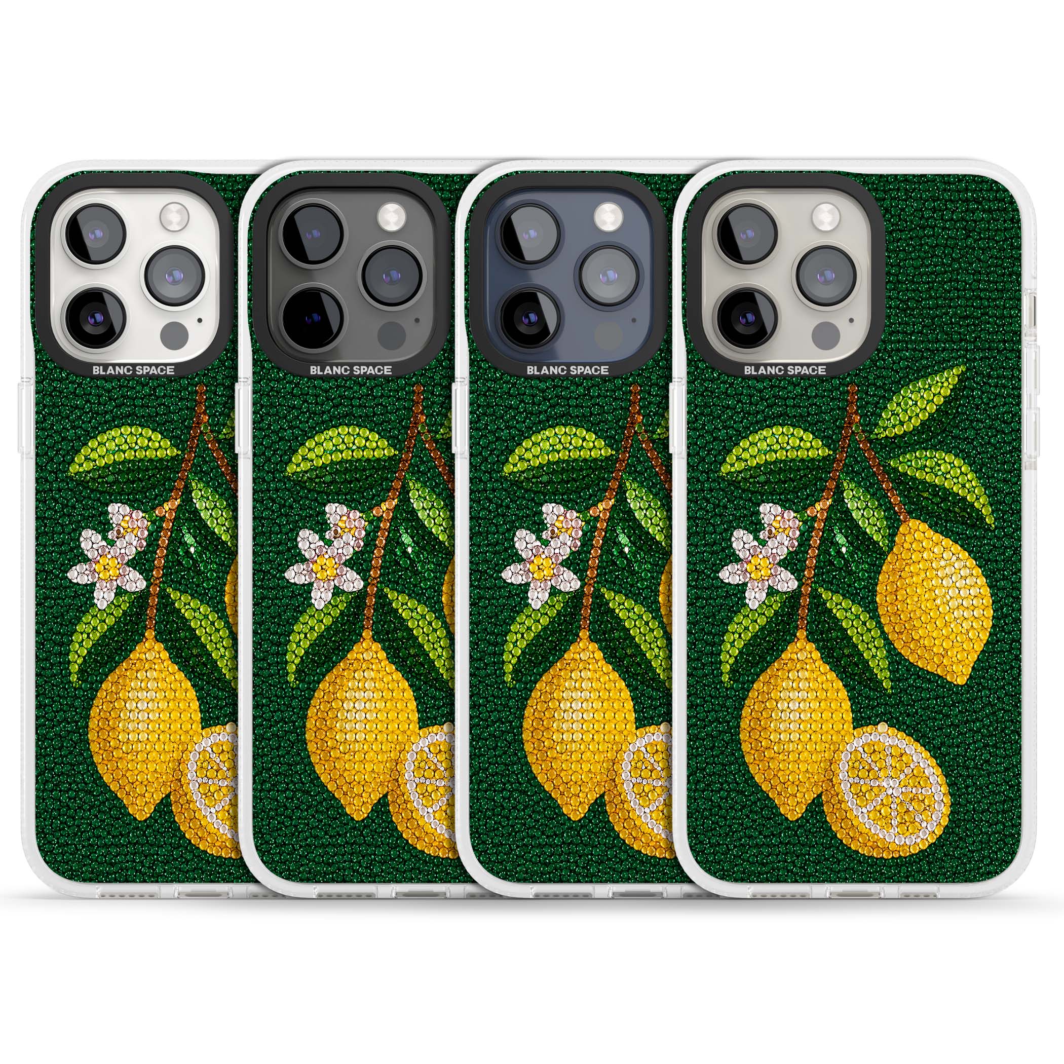 Beaded Lemons coastal iPhone case featuring crystal-beaded lemons, citrus blossom and green leaves on emerald ground | Clear Case Impact Air case for iPhone 15 Pro, iPhone 15 Pro Max