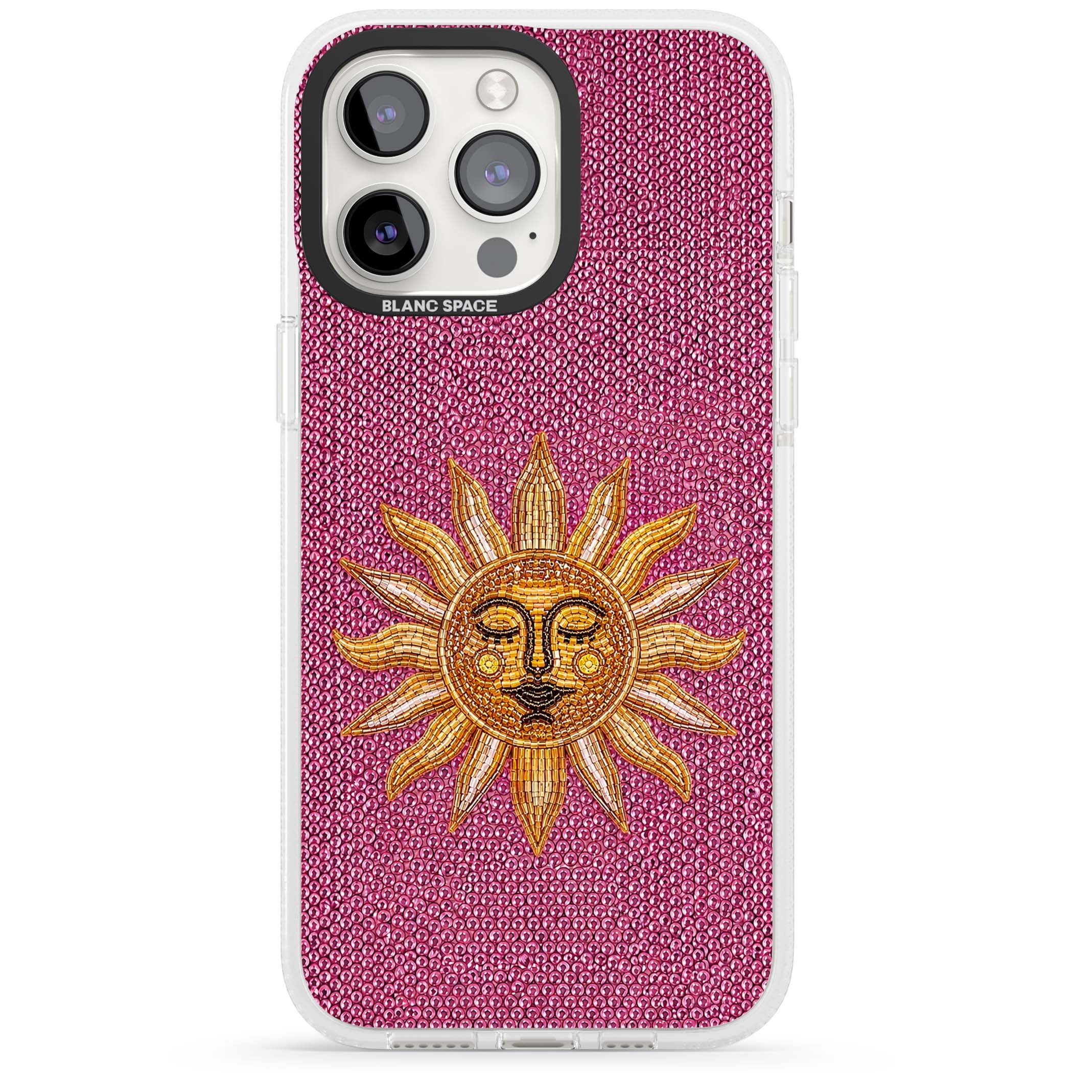 Beaded Sun celestial iPhone case featuring a golden beaded sun face with radiant rays on hot pink beaded background | Clear Case Impact Air case for iPhone 15 Pro, iPhone 15 Pro Max