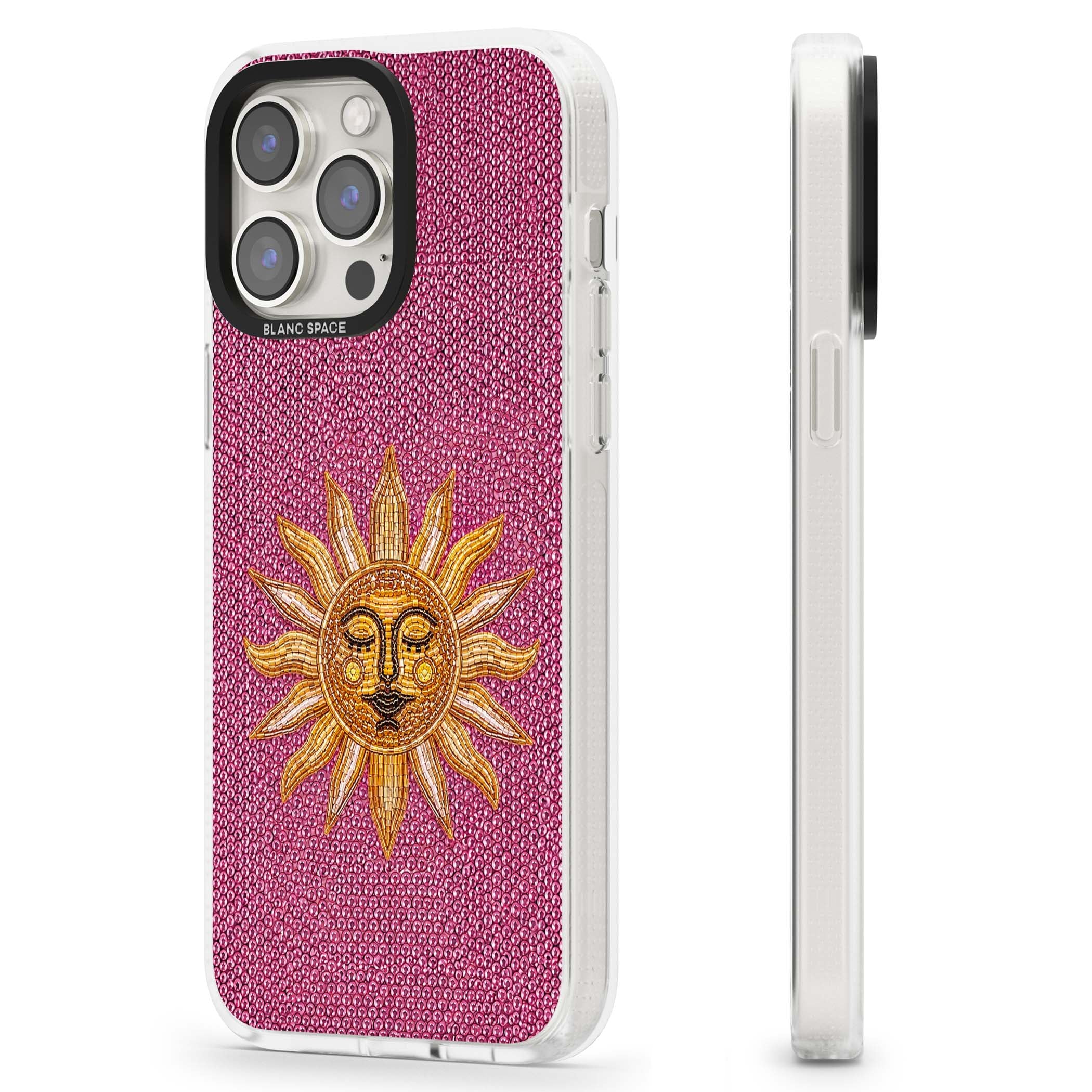 Beaded Sun celestial iPhone case featuring a golden beaded sun face with radiant rays on hot pink beaded background | Clear Case Impact Air case for iPhone 15 Pro, iPhone 15 Pro Max