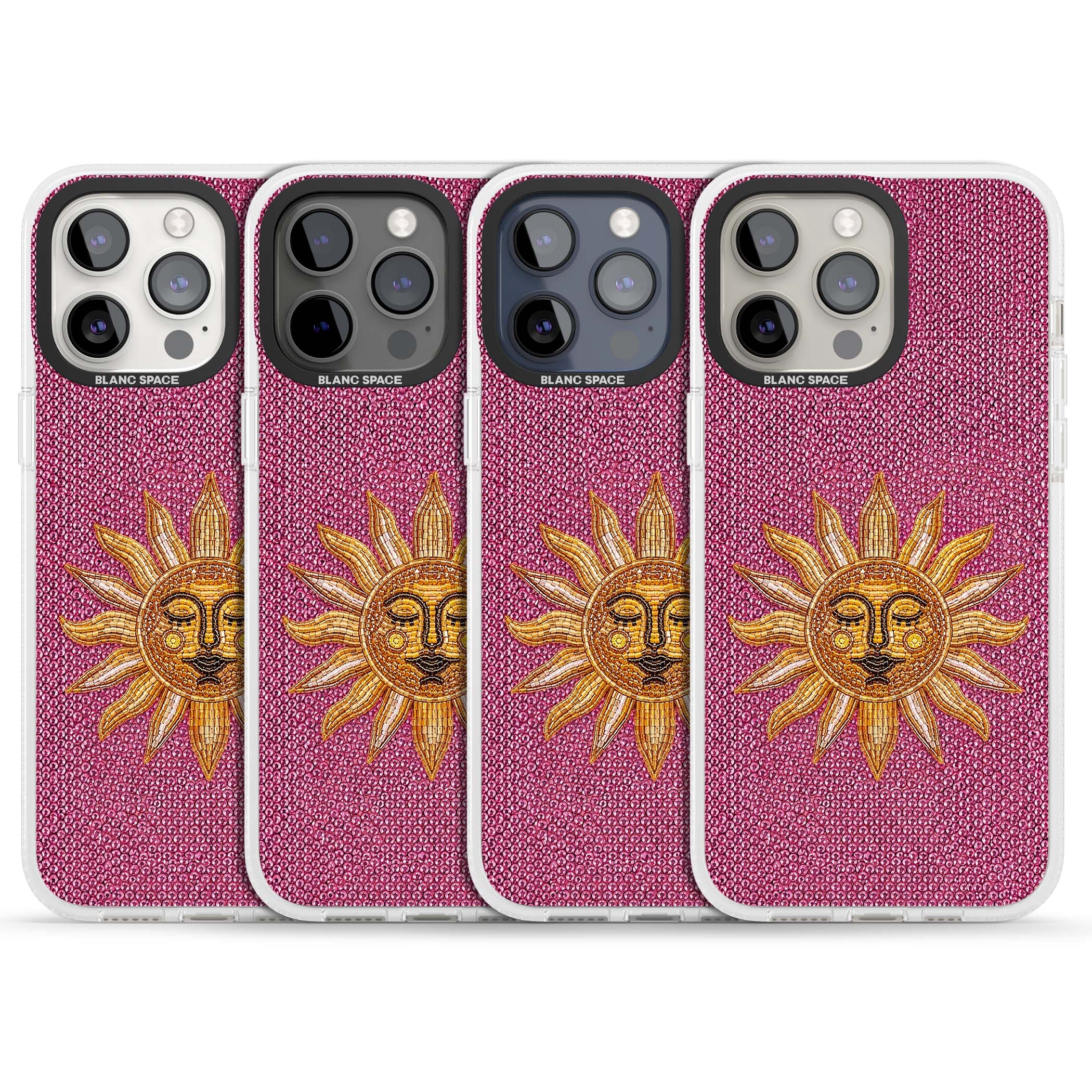 Beaded Sun celestial iPhone case featuring a golden beaded sun face with radiant rays on hot pink beaded background | Clear Case Impact Air case for iPhone 15 Pro, iPhone 15 Pro Max