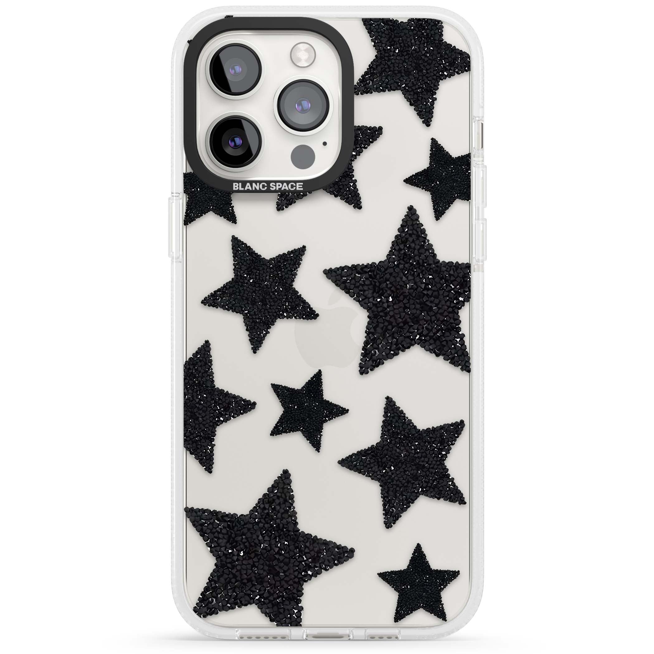 Beaded Black Stars celestial iPhone case featuring black glitter beaded stars scattered on a clear background | Clear Case Impact Air case for iPhone 15 Pro, iPhone 15 Pro Max