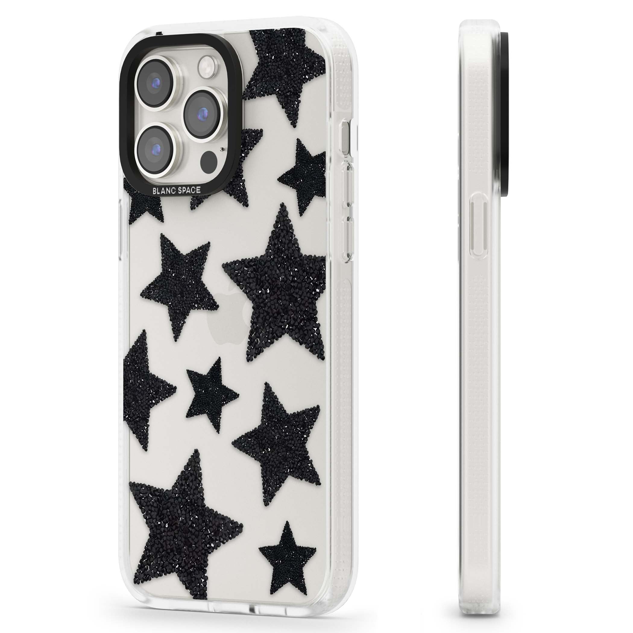 Beaded Black Stars celestial iPhone case featuring black glitter beaded stars scattered on a clear background | Clear Case Impact Air case for iPhone 15 Pro, iPhone 15 Pro Max