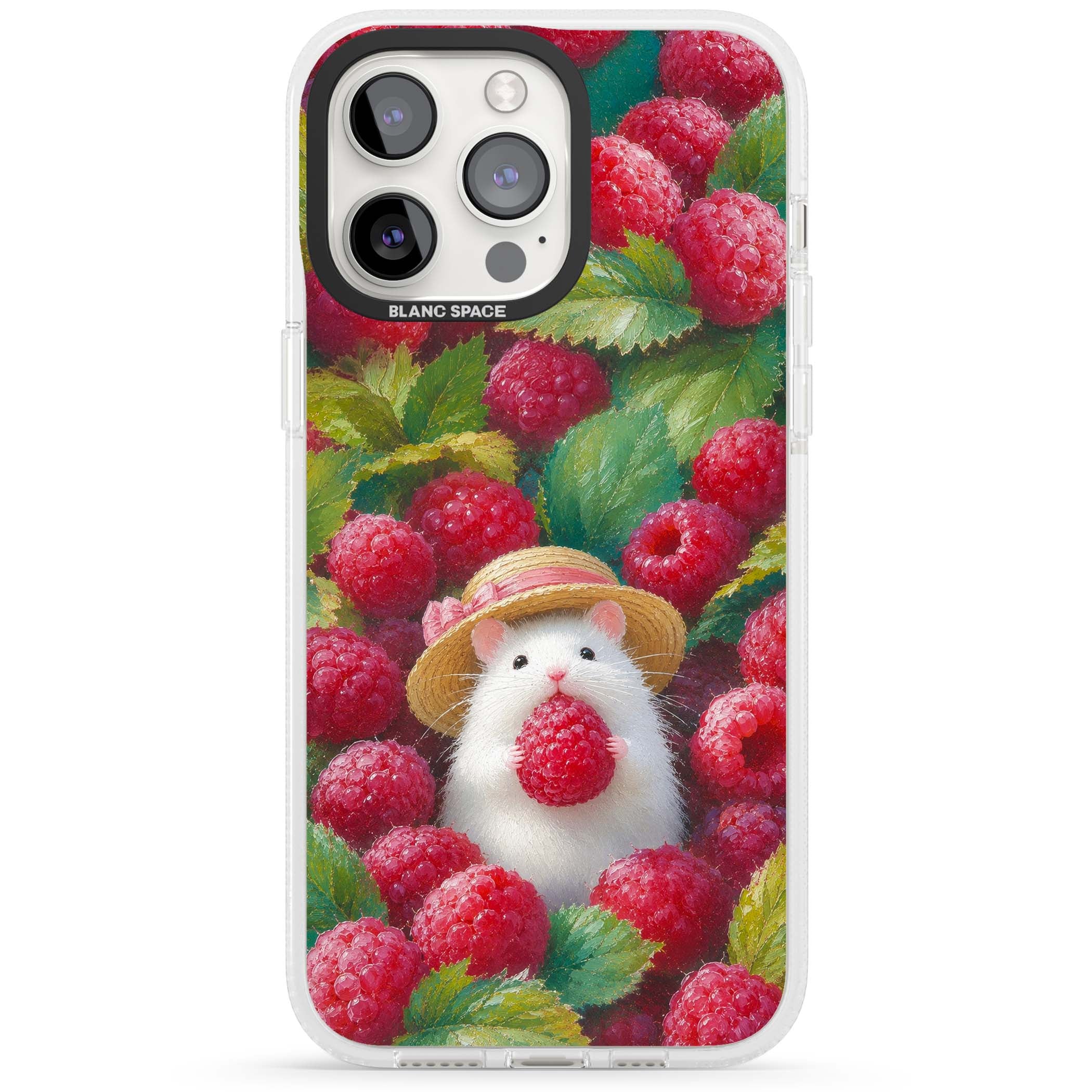 Berry Forager cottagecore iPhone case featuring a white hamster in a straw hat holding a raspberry surrounded by ripe ber | Clear Case Impact Air case for iPhone 15 Pro, iPhone 15 Pro Max