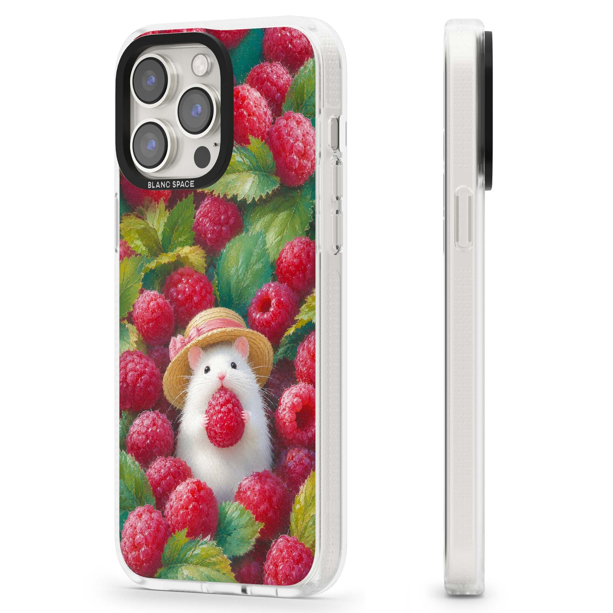 Berry Forager cottagecore iPhone case featuring a white hamster in a straw hat holding a raspberry surrounded by ripe ber | Clear Case Impact Air case for iPhone 15 Pro, iPhone 15 Pro Max