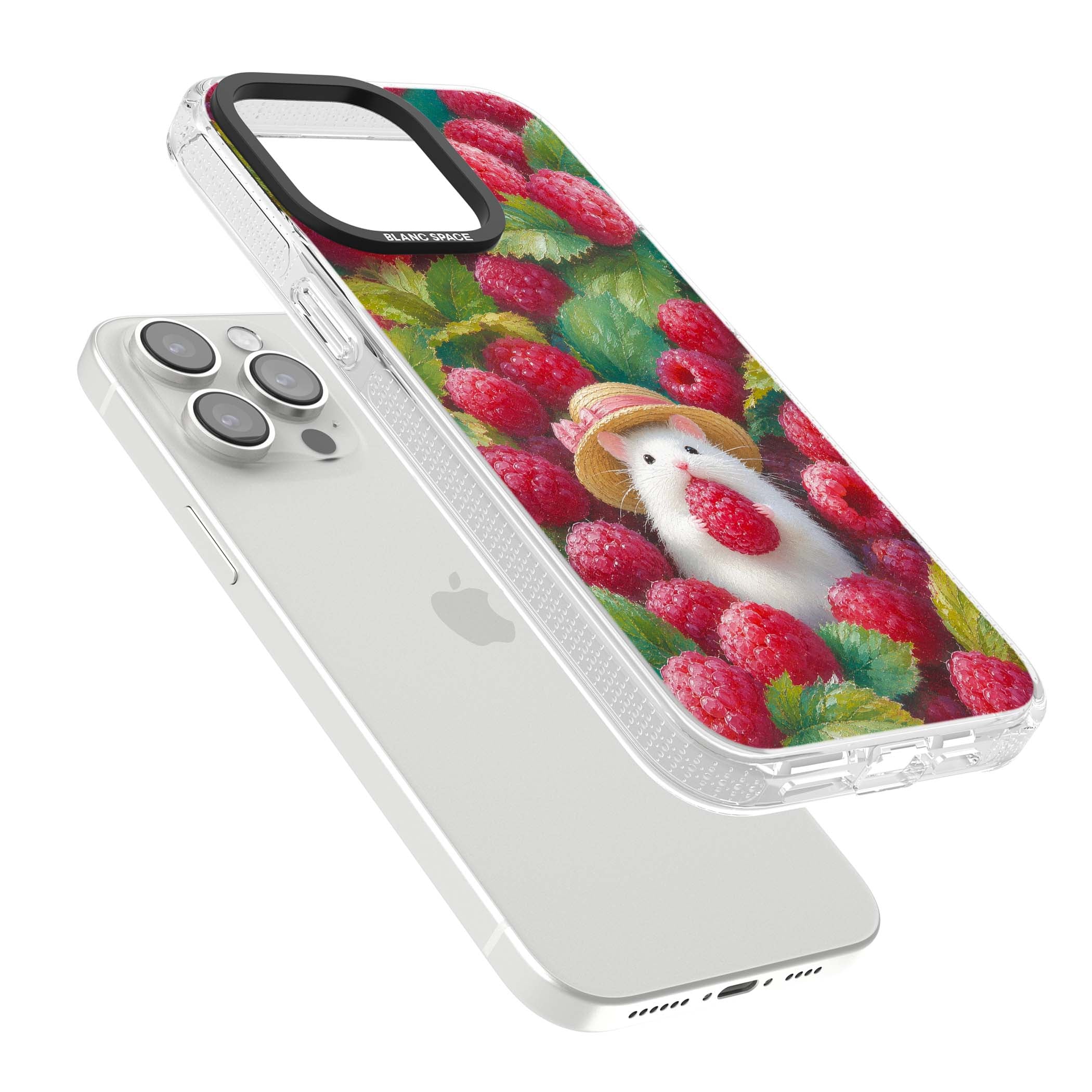 Berry Forager cottagecore iPhone case featuring a white hamster in a straw hat holding a raspberry surrounded by ripe ber | Clear Case Impact Air case for iPhone 15 Pro, iPhone 15 Pro Max