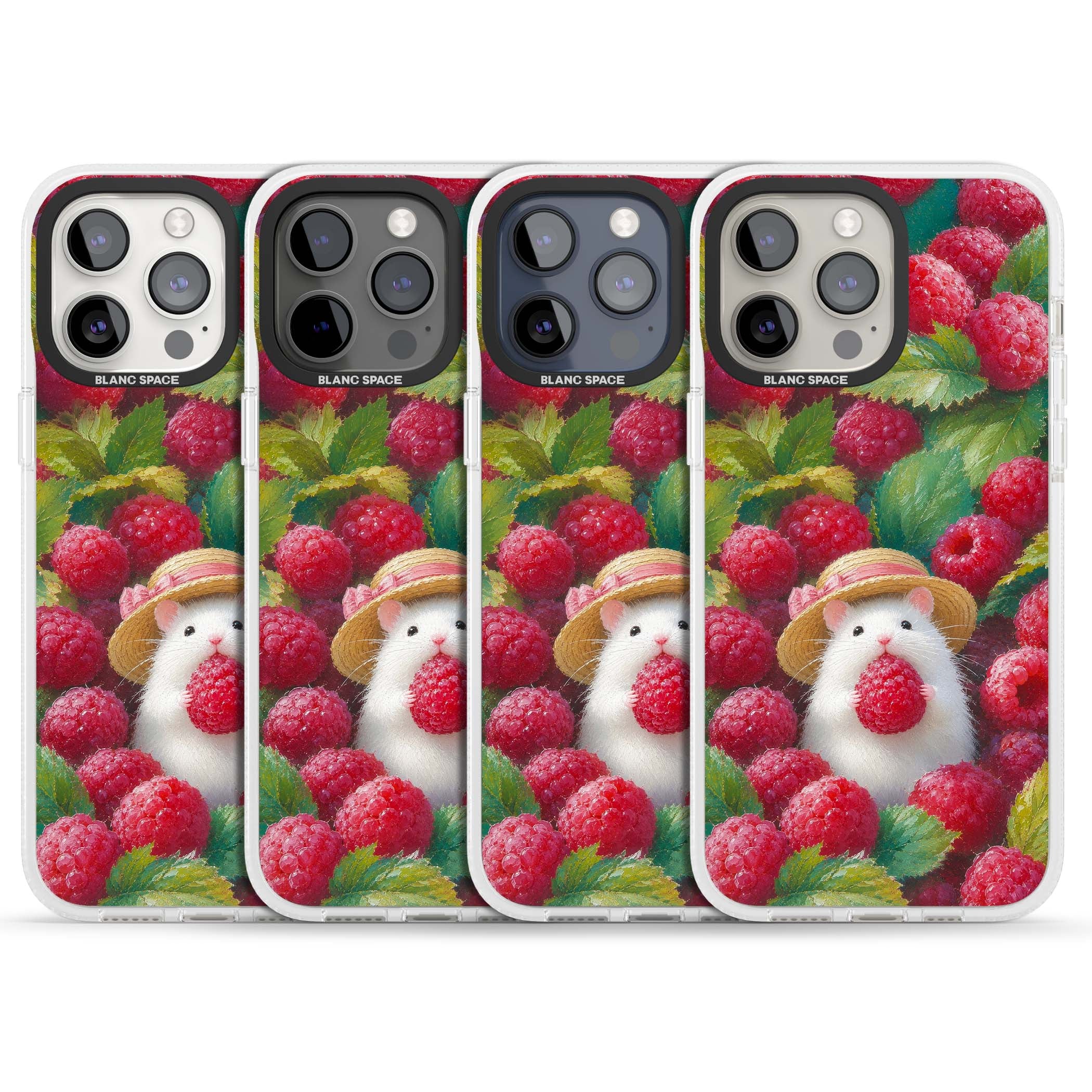 Berry Forager cottagecore iPhone case featuring a white hamster in a straw hat holding a raspberry surrounded by ripe ber | Clear Case Impact Air case for iPhone 15 Pro, iPhone 15 Pro Max