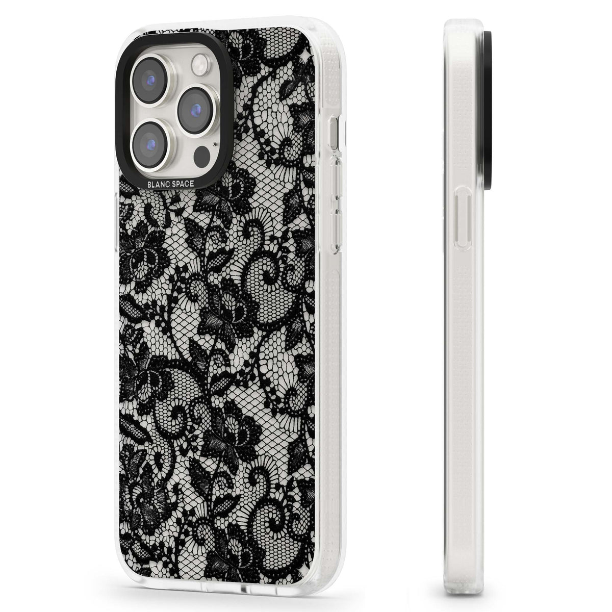 Black Lace gothic iPhone case featuring intricate black floral lace pattern with vintage whimsigoth detail | Clear Case Impact Air case for iPhone 15 Pro, iPhone 15 Pro Max