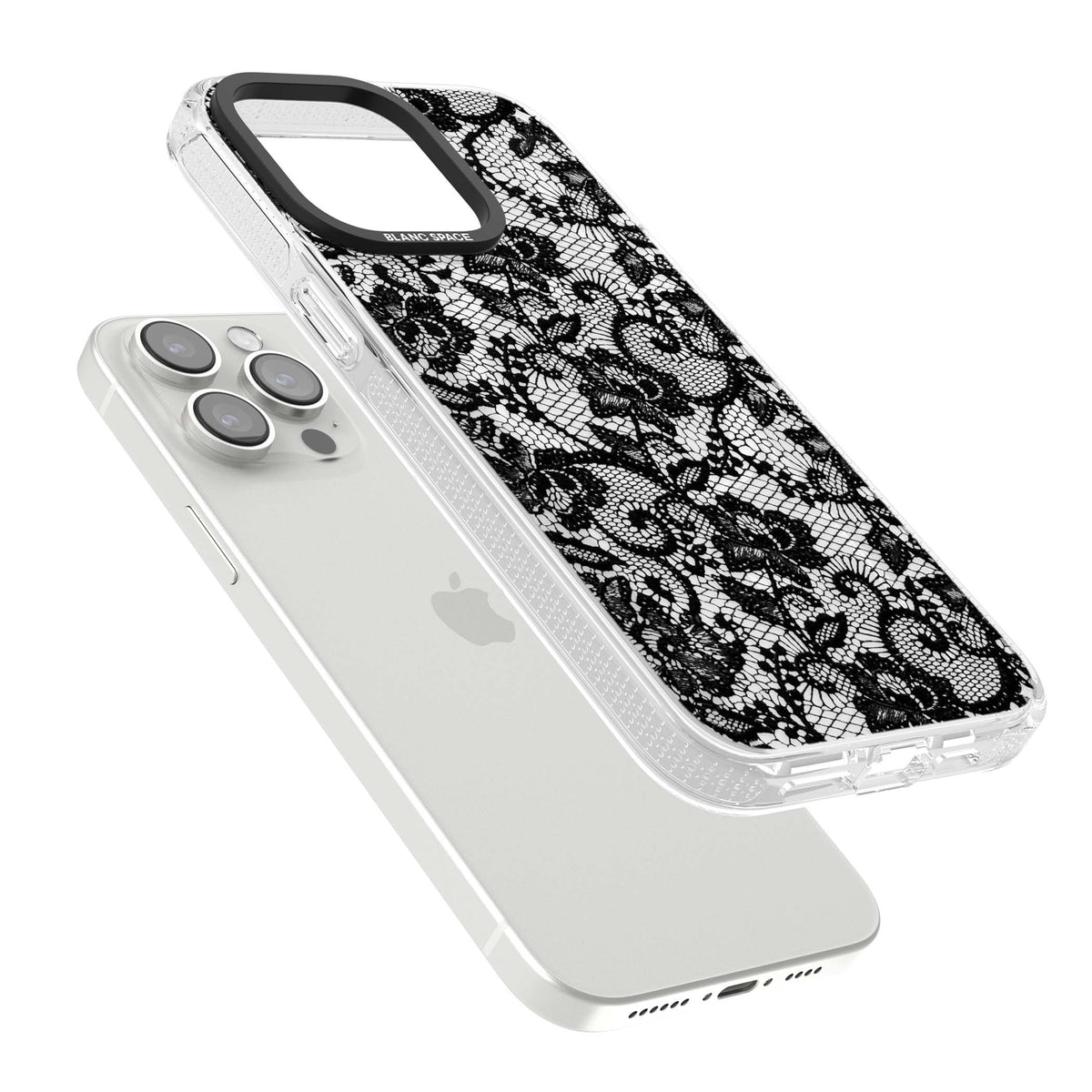 Black Lace gothic iPhone case featuring intricate black floral lace pattern with vintage whimsigoth detail | Clear Case Impact Air case for iPhone 15 Pro, iPhone 15 Pro Max
