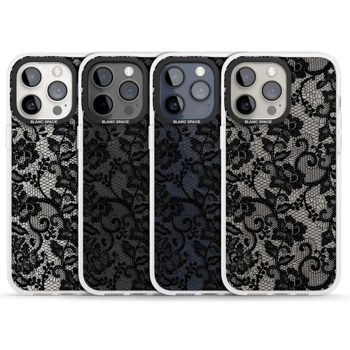 Black Lace gothic iPhone case featuring intricate black floral lace pattern with vintage whimsigoth detail | Clear Case Impact Air case for iPhone 15 Pro, iPhone 15 Pro Max
