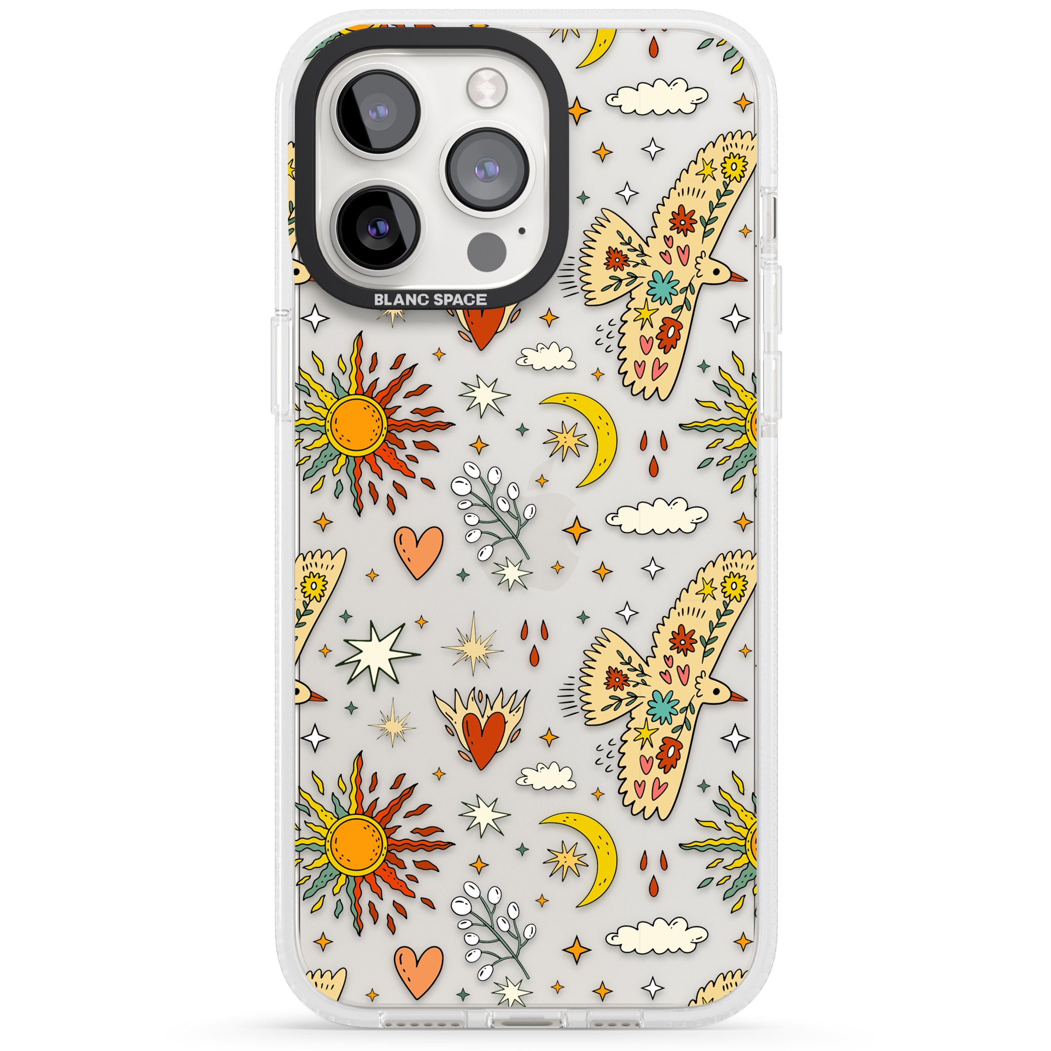Boho Celestial Floral Bird & Sun iPhone 15 Pro Max / 15 Pro / 14 Pro Max / 14 Pro / 13 Pro Clear Case Impact Air - Blanc Space