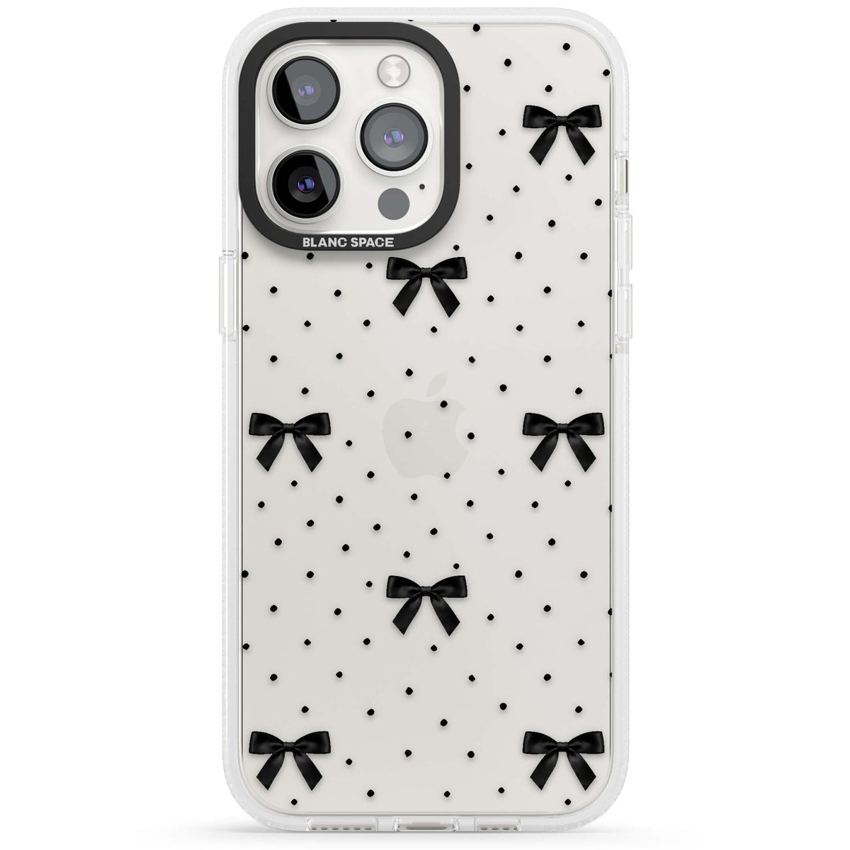 Black Polka Bows coquette iPhone case featuring scattered black satin bows and tiny polka dots on a clear base | Clear Case Impact Air case for iPhone 15 Pro, iPhone 15 Pro Max