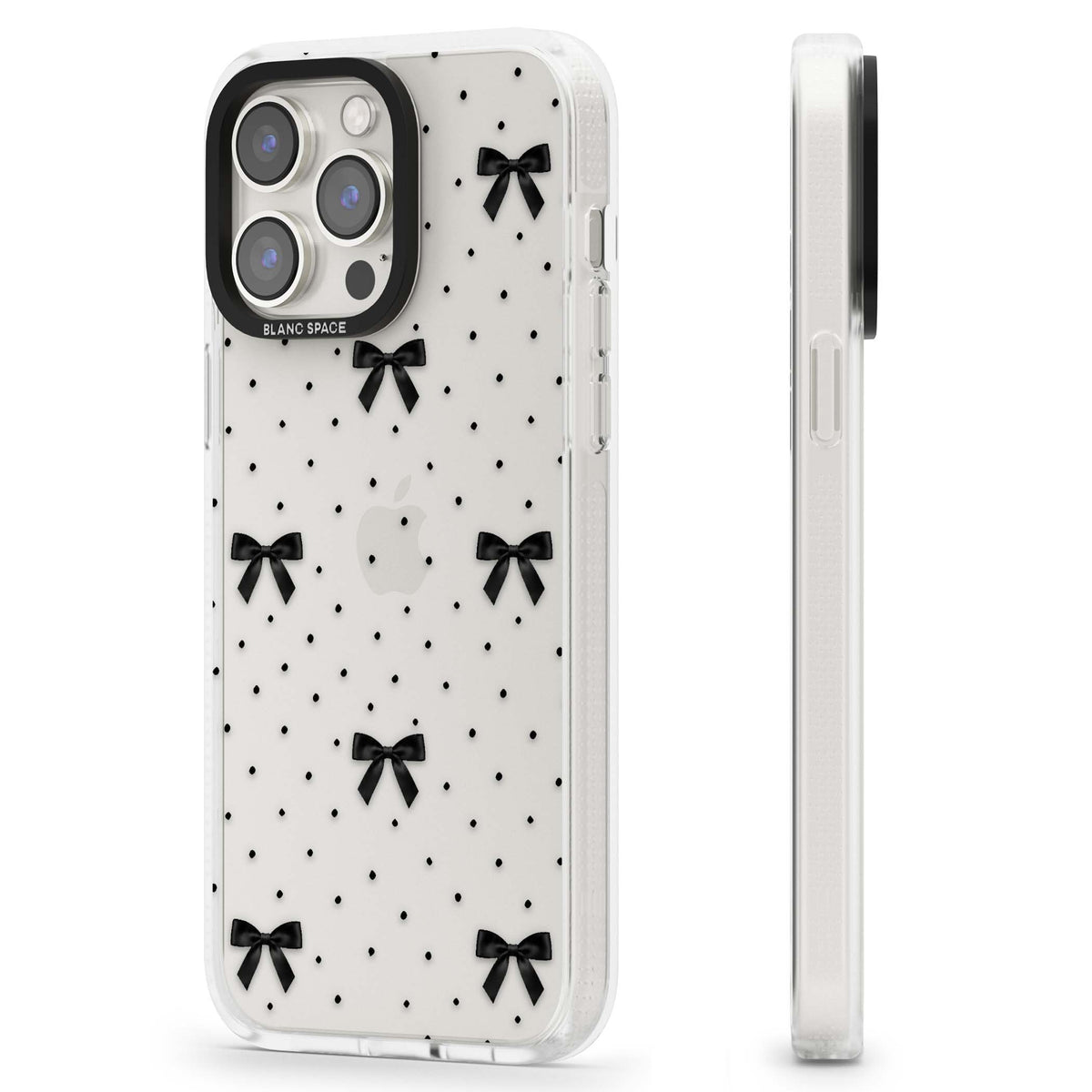 Black Polka Bows coquette iPhone case featuring scattered black satin bows and tiny polka dots on a clear base | Clear Case Impact Air case for iPhone 15 Pro, iPhone 15 Pro Max