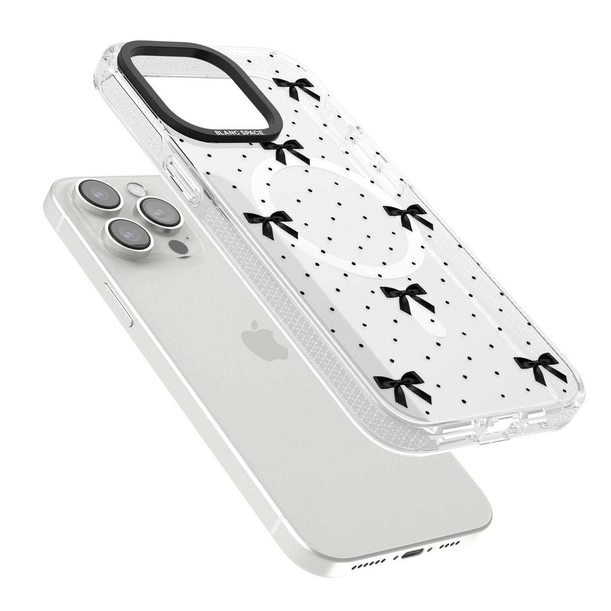 Black Polka Bows coquette iPhone case featuring scattered black satin bows and tiny polka dots on a clear base | Clear Case Impact Air case for iPhone 15 Pro, iPhone 15 Pro Max