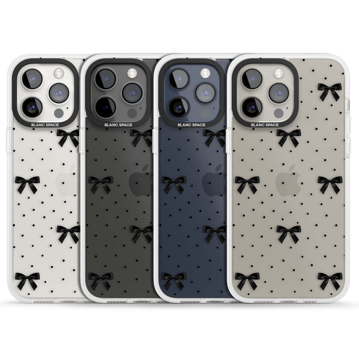 Black Polka Bows coquette iPhone case featuring scattered black satin bows and tiny polka dots on a clear base | Clear Case Impact Air case for iPhone 15 Pro, iPhone 15 Pro Max
