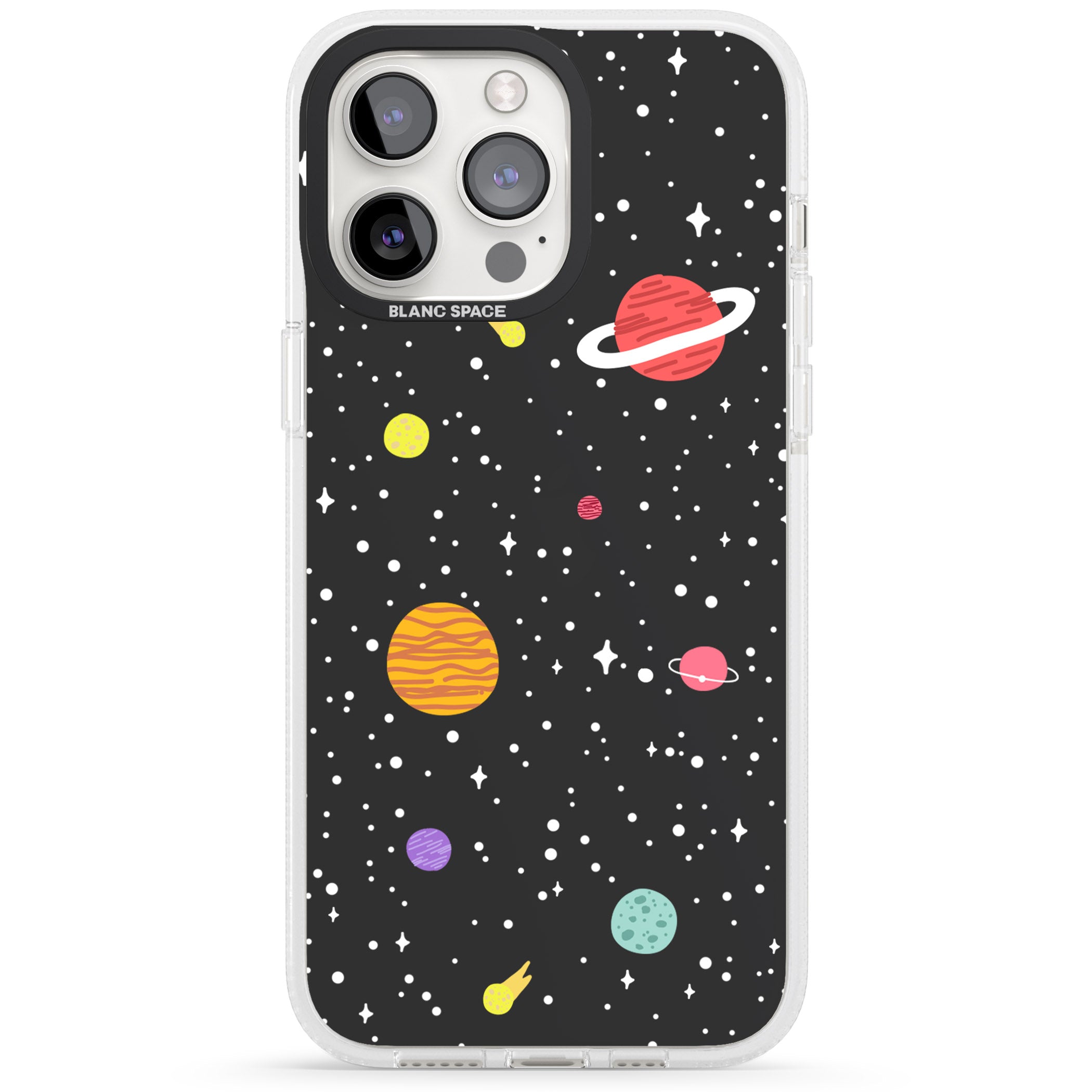 Cute Cartoon Planets iPhone 15 Pro Max / 15 Pro / 14 Pro Max / 14 Pro / 13 Pro Clear Case Impact Air - Blanc Space