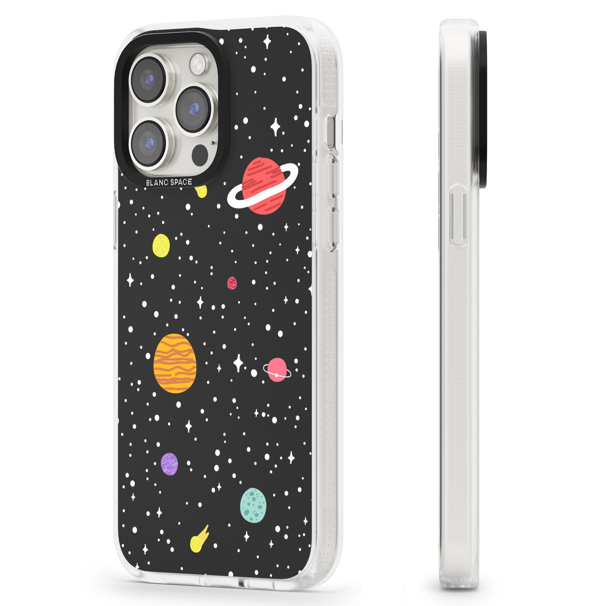 Cute Cartoon Planets iPhone 15 Pro Max / 15 Pro / 14 Pro Max / 14 Pro / 13 Pro Clear Case Impact Air - Blanc Space