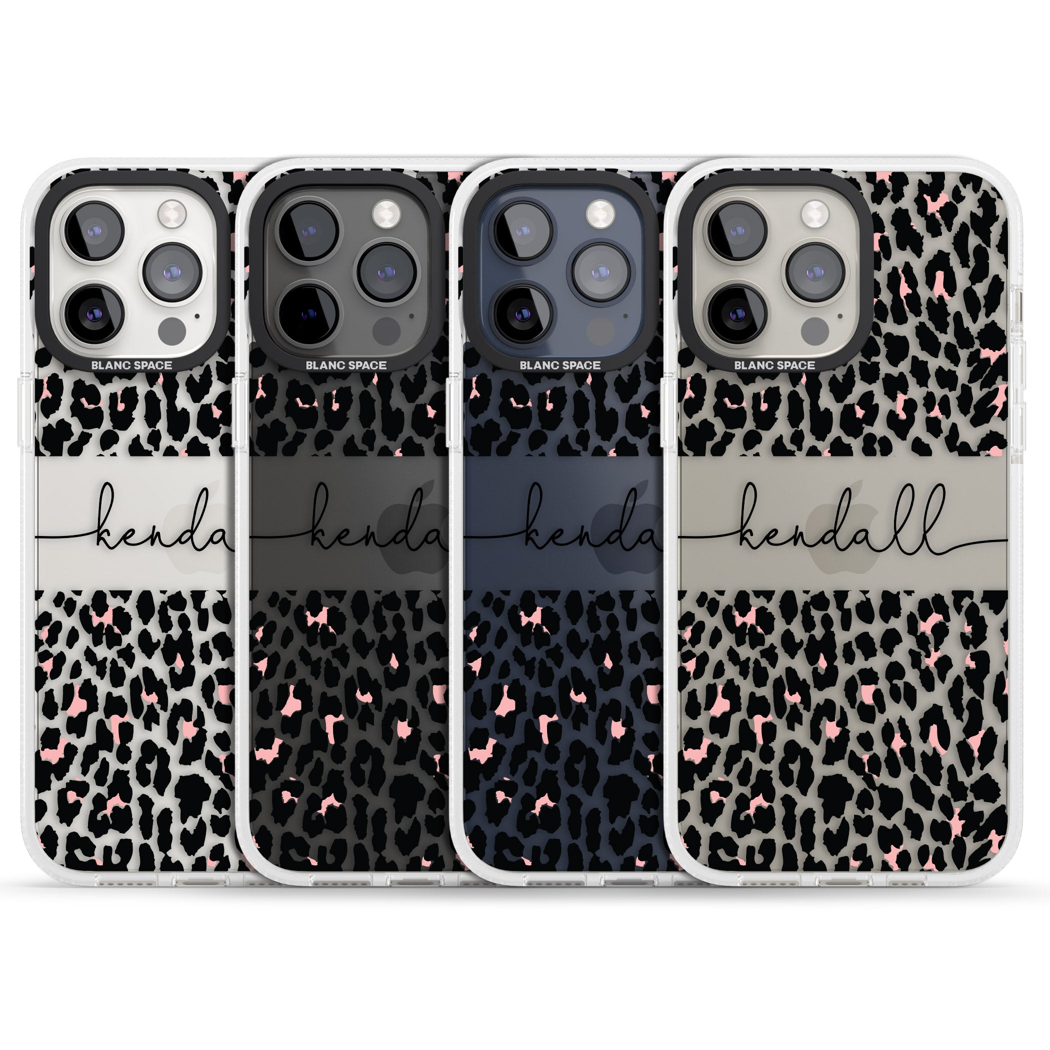 Personalised Pink & Cursive Leopard Spots iPhone 15 Pro Max / 15 Pro / 14 Pro Max / 14 Pro / 13 Pro Clear Case Impact Air - Blanc Space