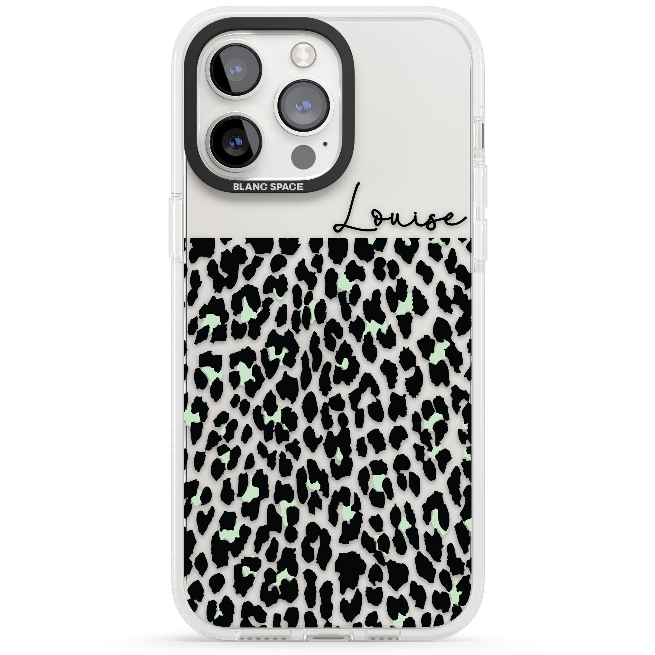 Personalised Seafoam Green & Cursive Leopard Spots iPhone 15 Pro Max / 15 Pro / 14 Pro Max / 14 Pro / 13 Pro Clear Case Impact Air - Blanc Space