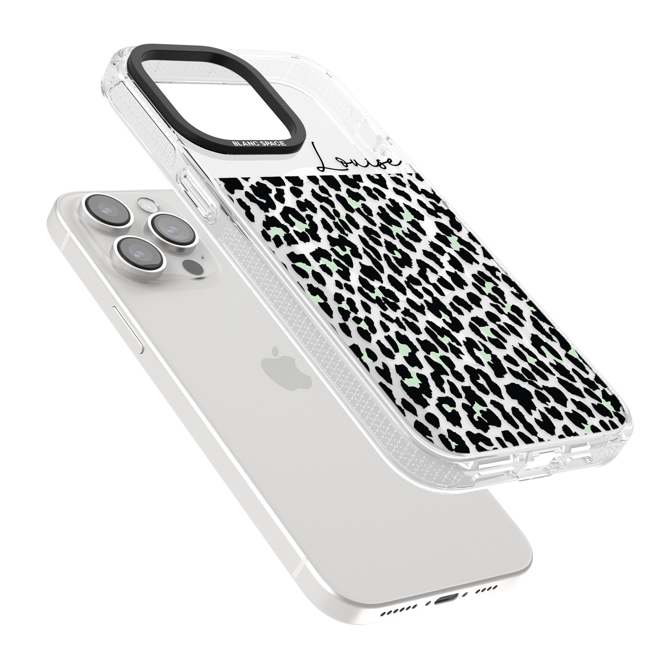 Personalised Seafoam Green & Cursive Leopard Spots iPhone 15 Pro Max / 15 Pro / 14 Pro Max / 14 Pro / 13 Pro Clear Case Impact Air - Blanc Space