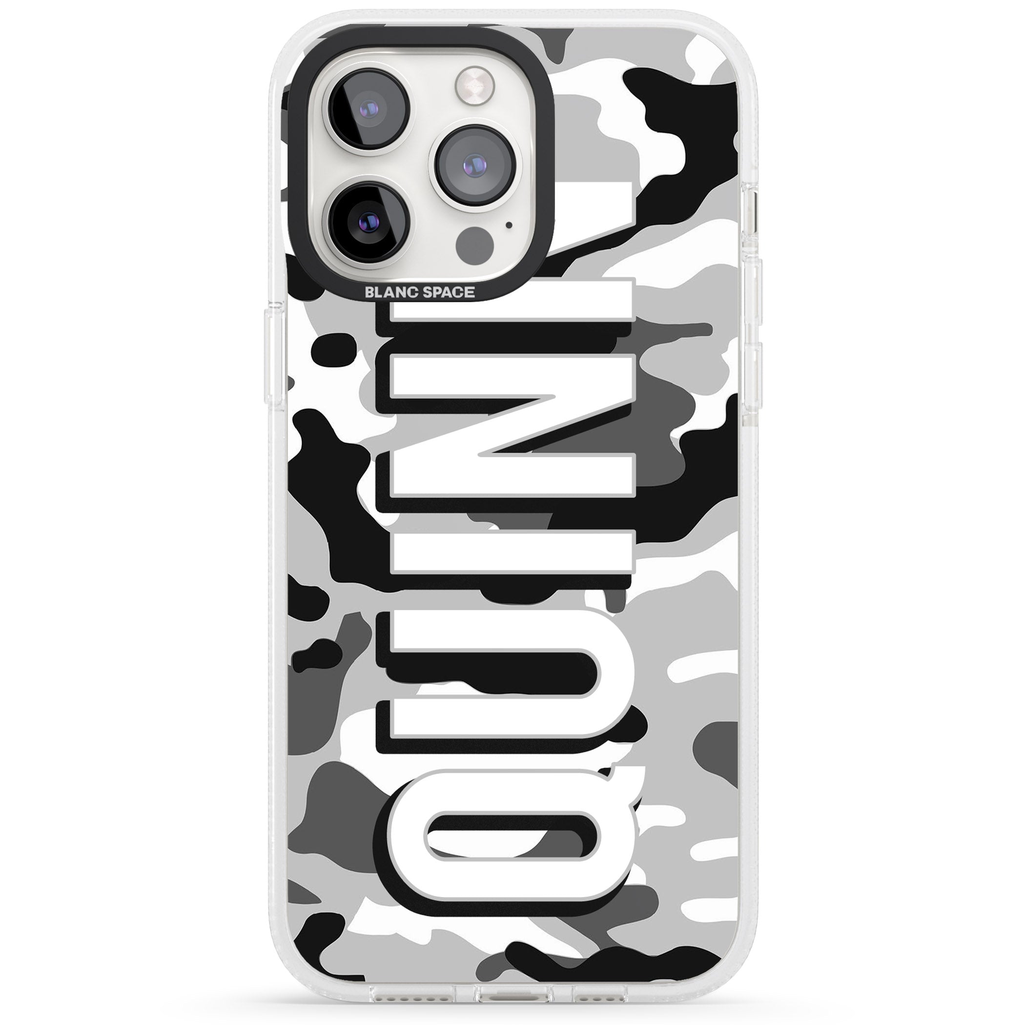 Personalised Greyscale Camo iPhone 15 Pro Max / 15 Pro / 14 Pro Max / 14 Pro / 13 Pro Clear Case Impact Air - Blanc Space